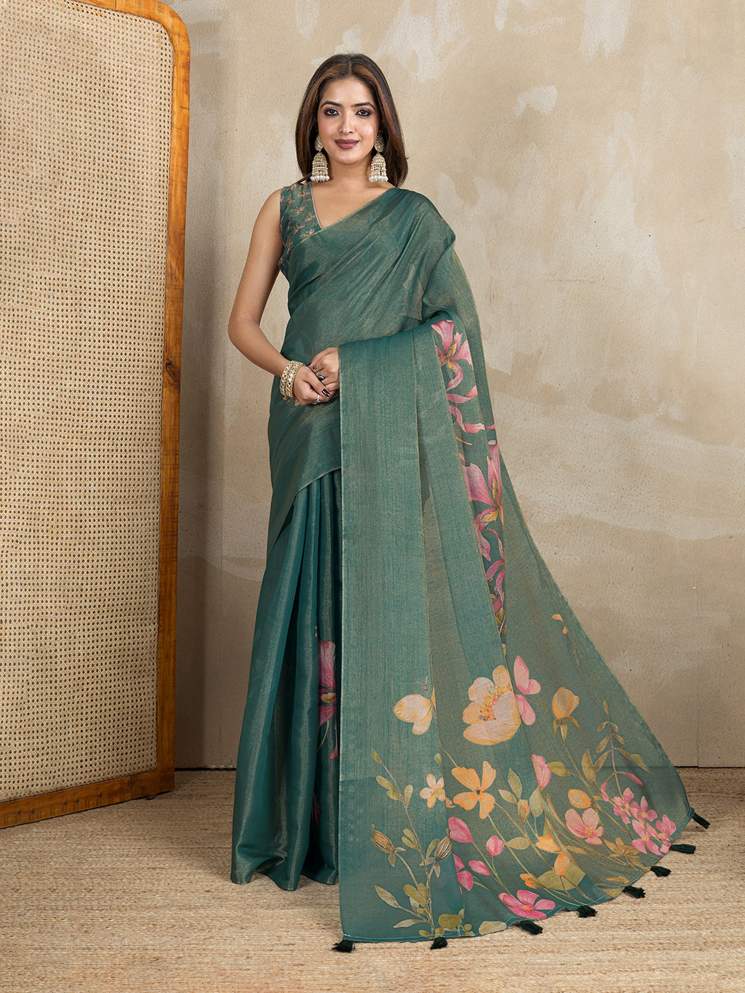 Teal Erode Cotton Floral Saree with Statement Printed Pallu 2