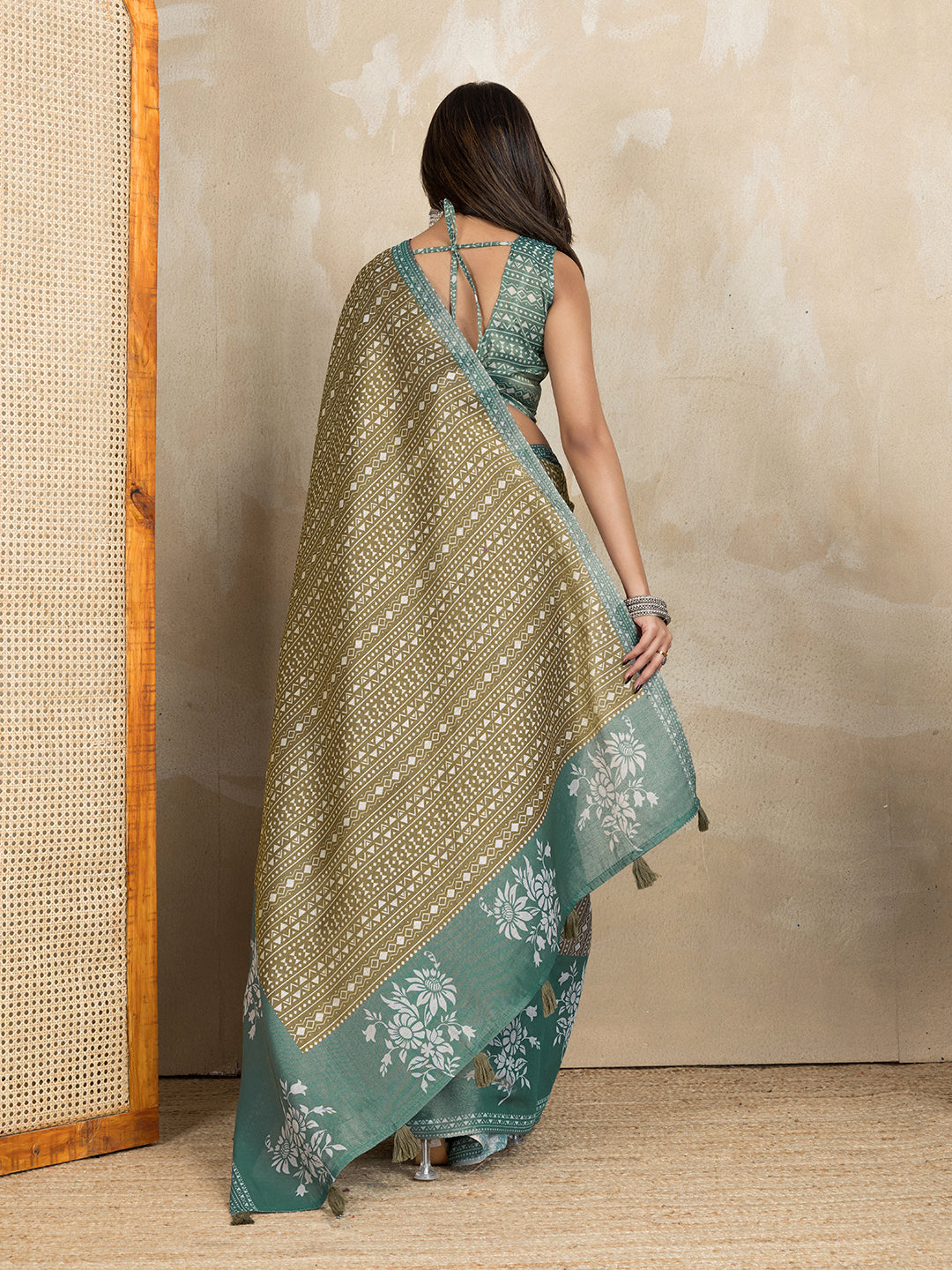 Olive Green Erode Cotton Geometric Floral Saree for Women