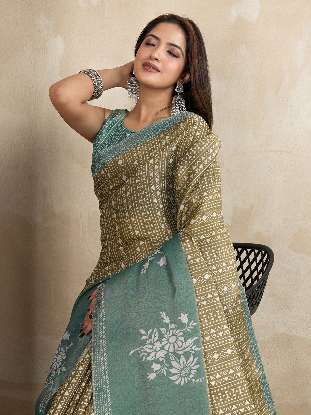 Olive Green Erode Cotton Geometric Floral Saree for Women