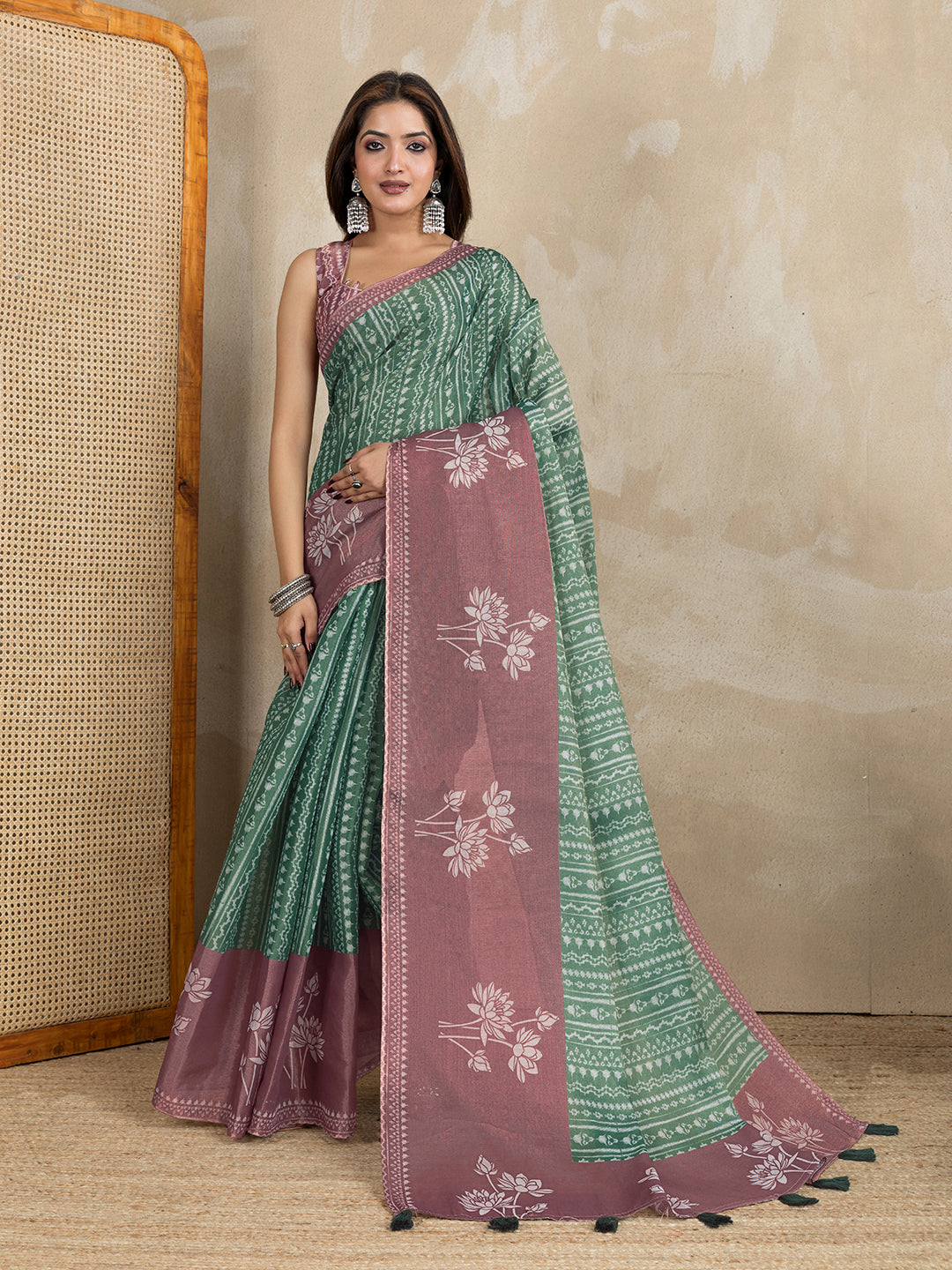 Sage Green Erode Cotton Floral Print Saree for Women