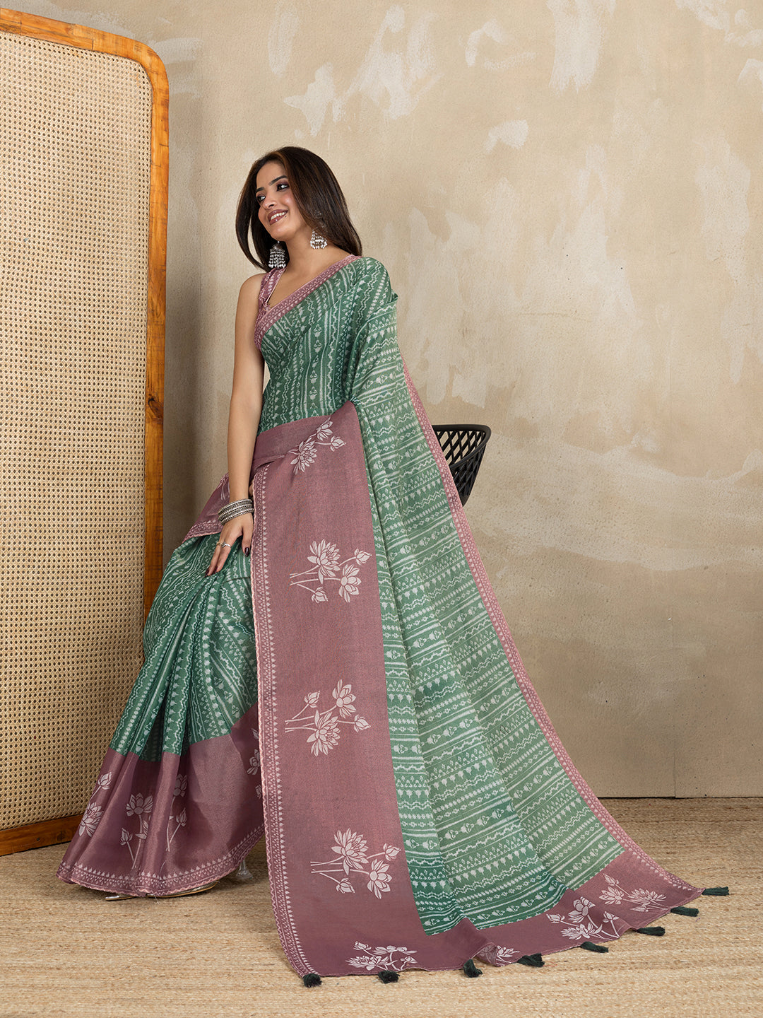 Sage Green Erode Cotton Floral Print Saree for Women