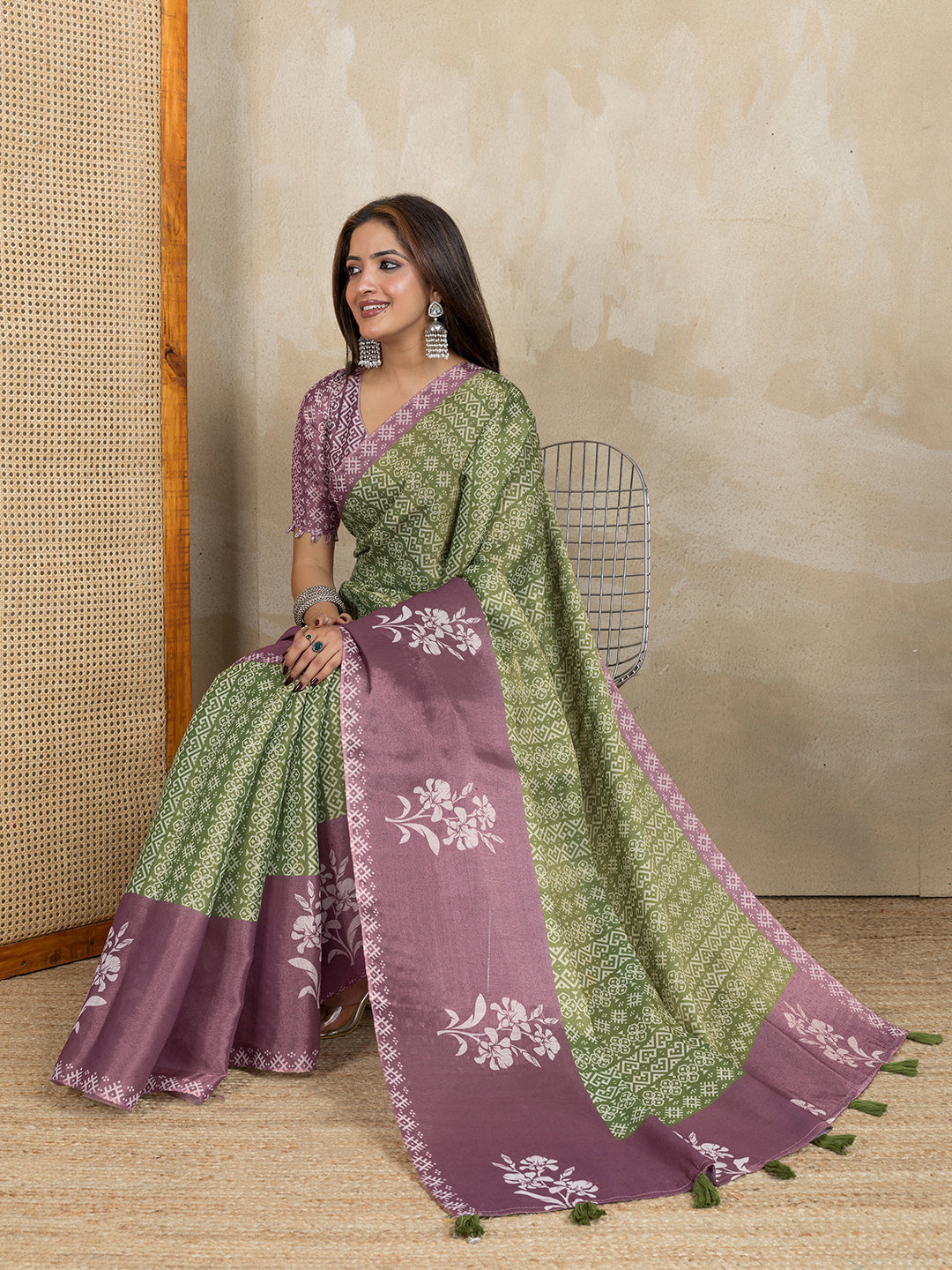 Olive Green Erode Cotton Saree with Mauve Floral Pallu Look for Women