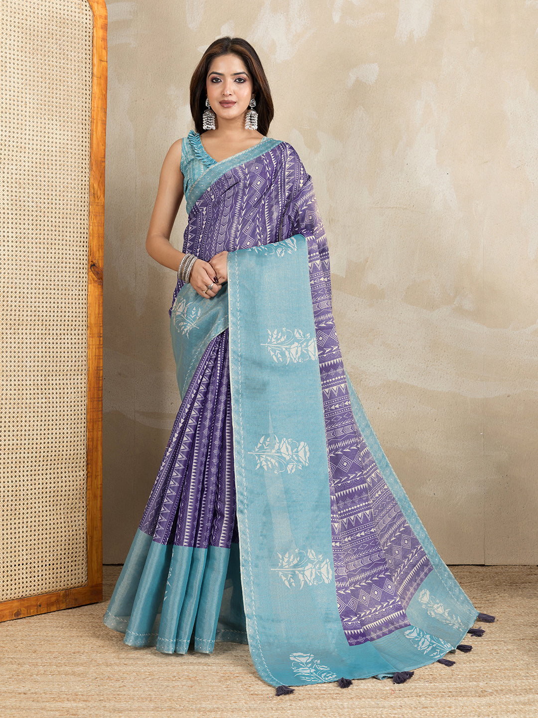 Purple Aqua Erode Cotton Saree with Geometric Floral Design for Women