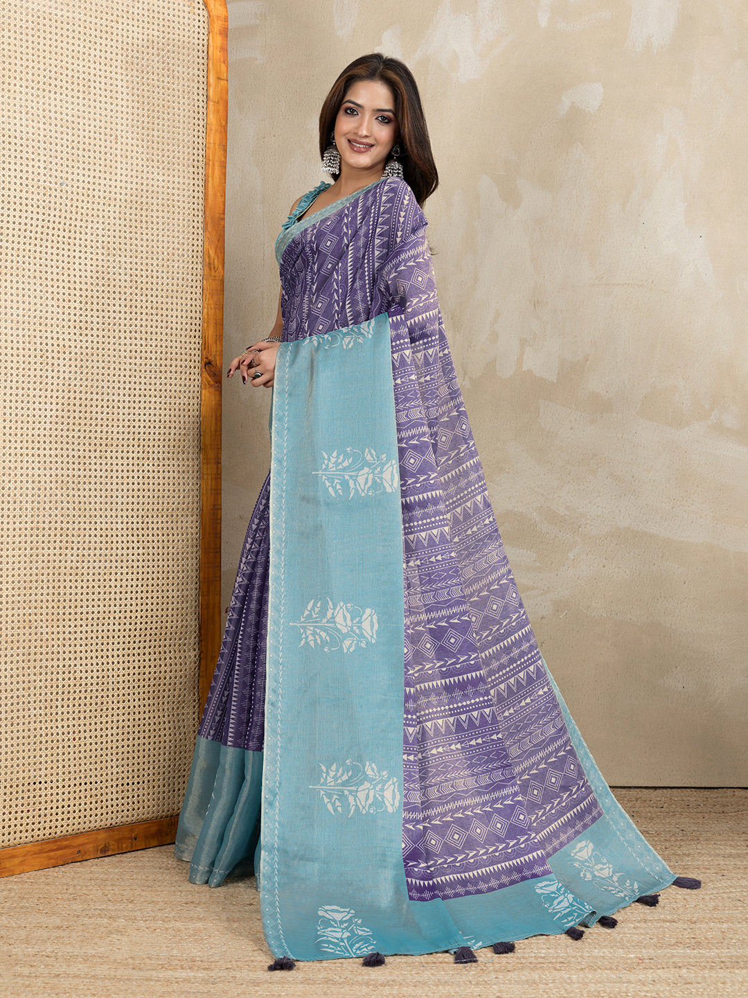 Purple Aqua Erode Cotton Saree with Geometric Floral Design for Women
