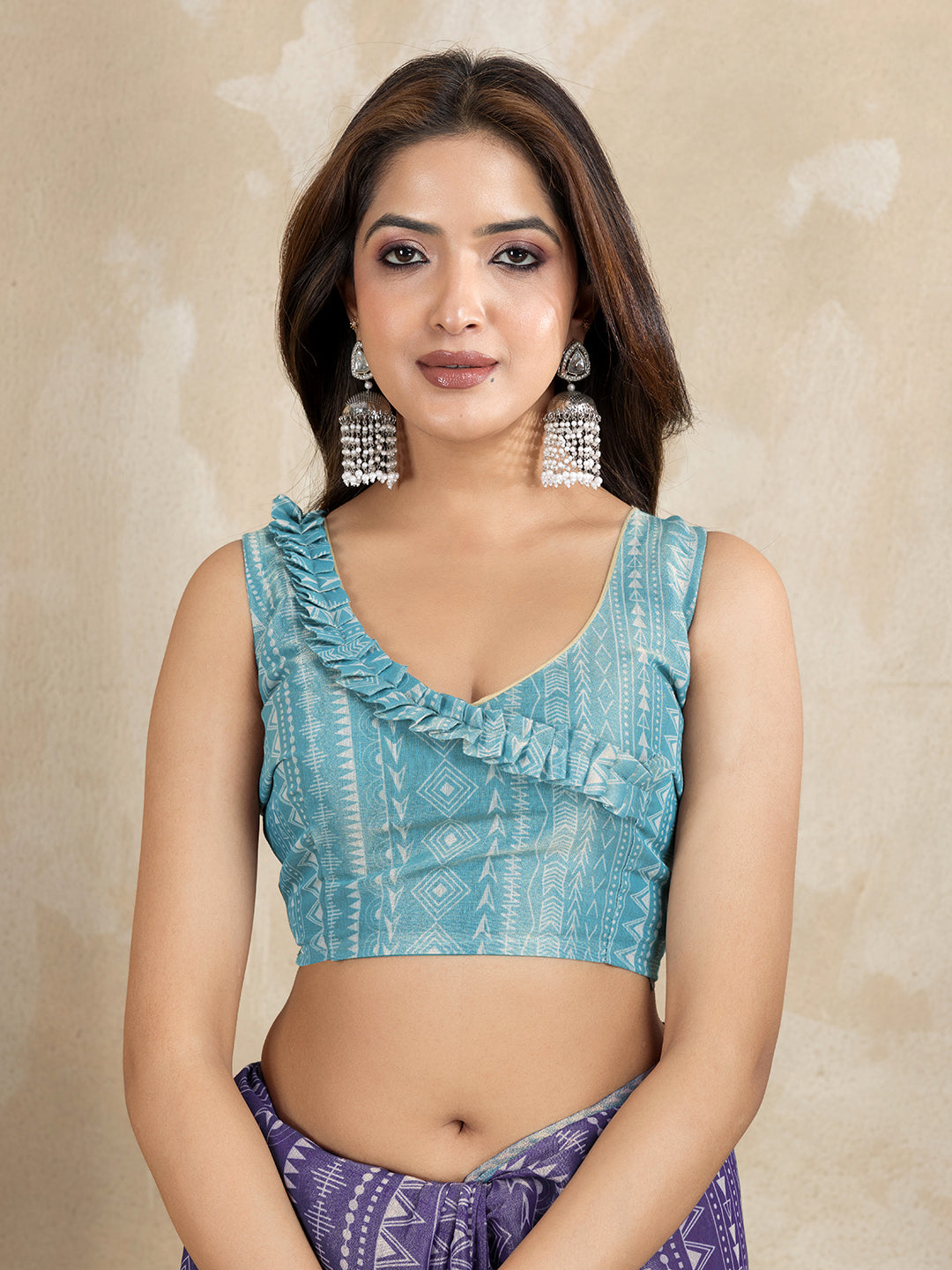 Purple Aqua Erode Cotton Saree with Geometric Floral Design for Women