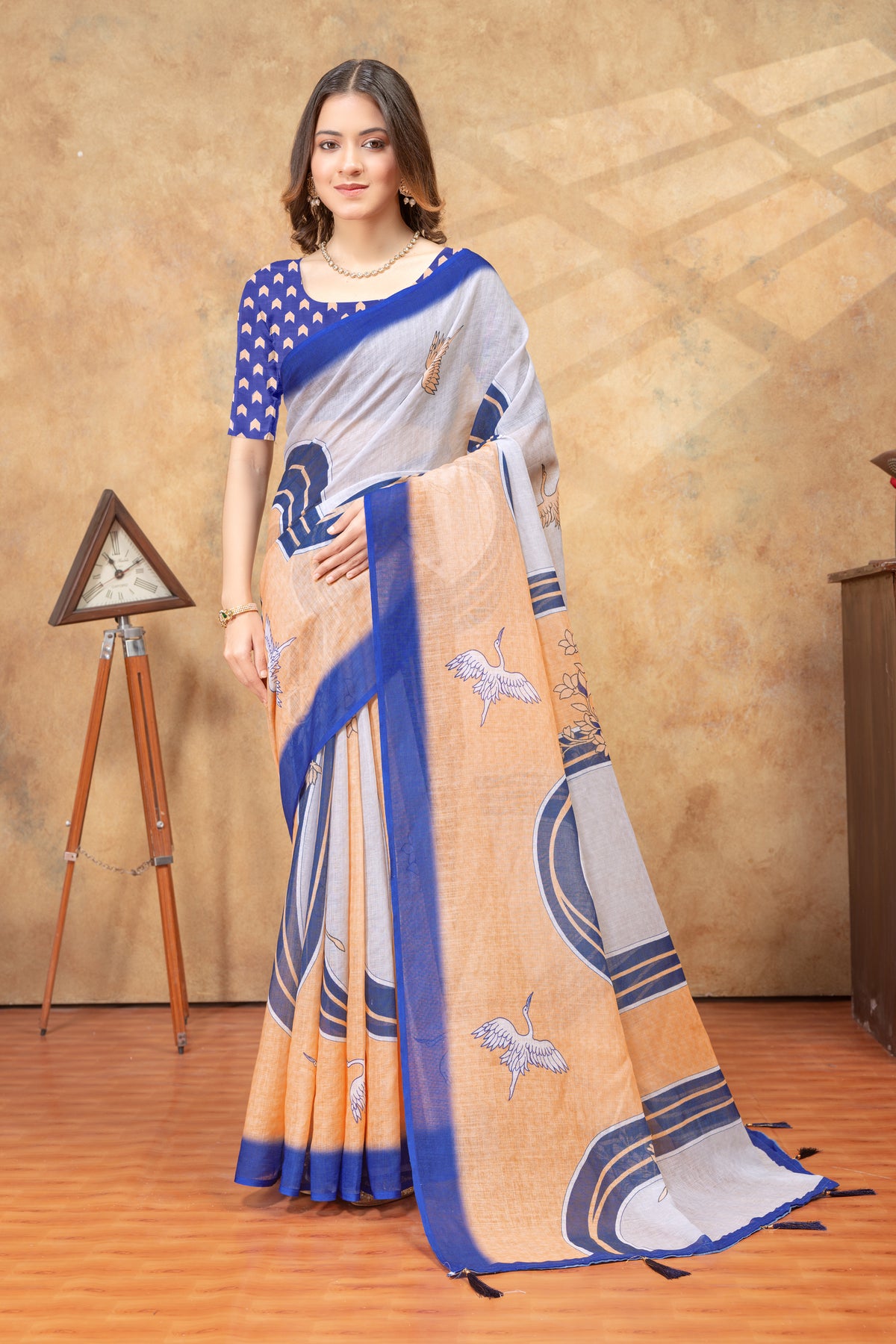 Peach Blue Crane Print Linen Cotton Saree for Women