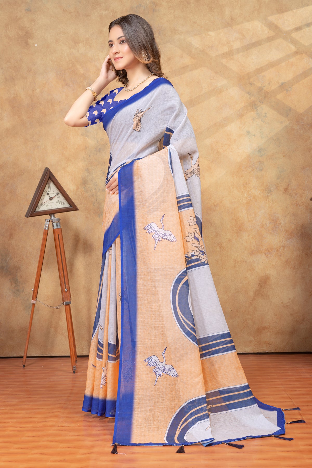 Peach Blue Crane Print Linen Cotton Saree for Women