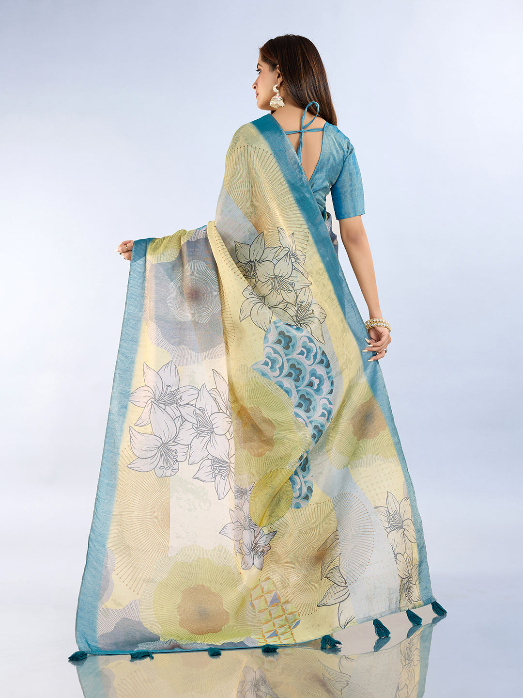Teal Floral Abstract Erode Cotton Saree with Tassel Pallu for Women