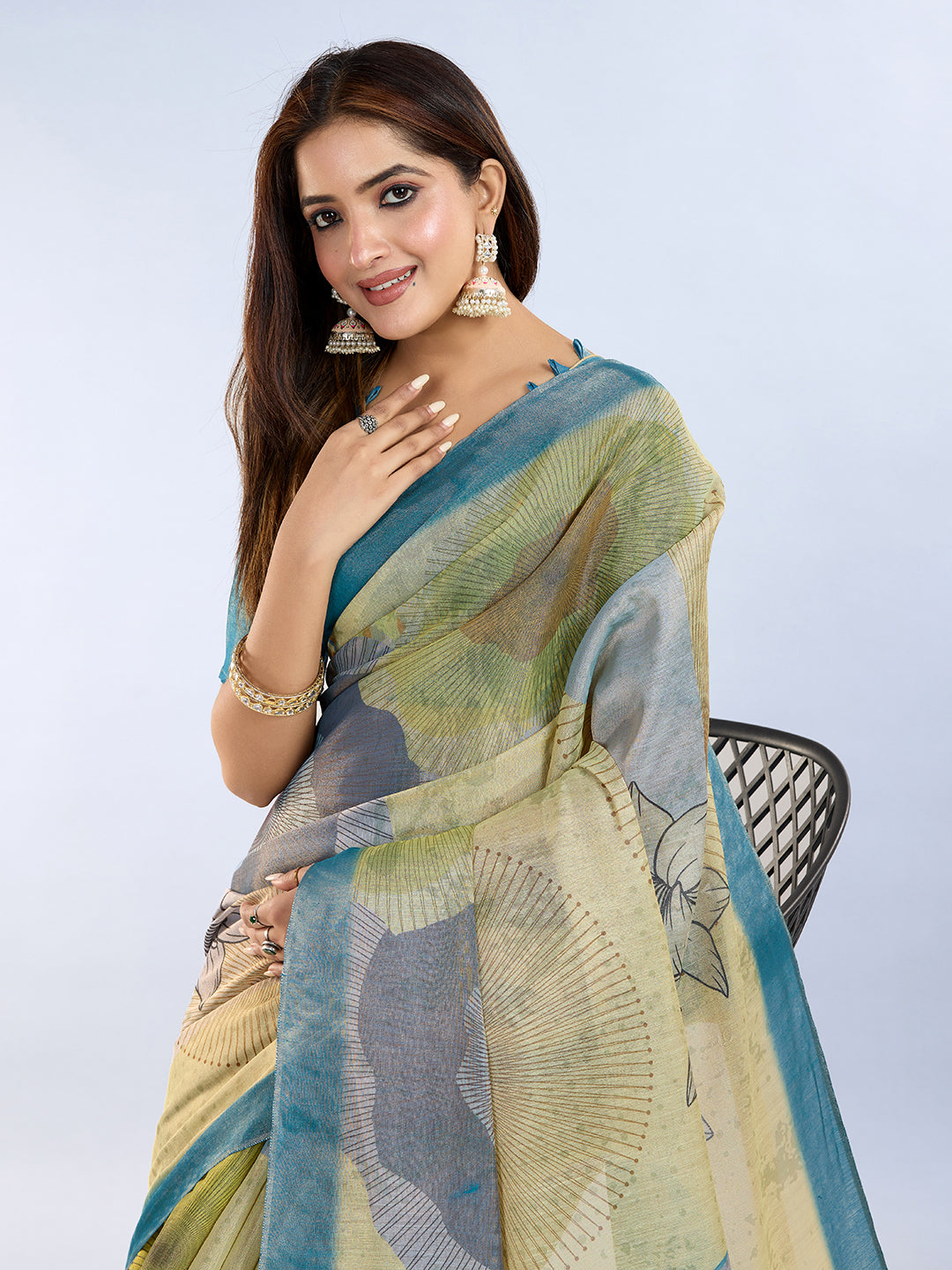 Teal Floral Abstract Erode Cotton Saree with Tassel Pallu for Women