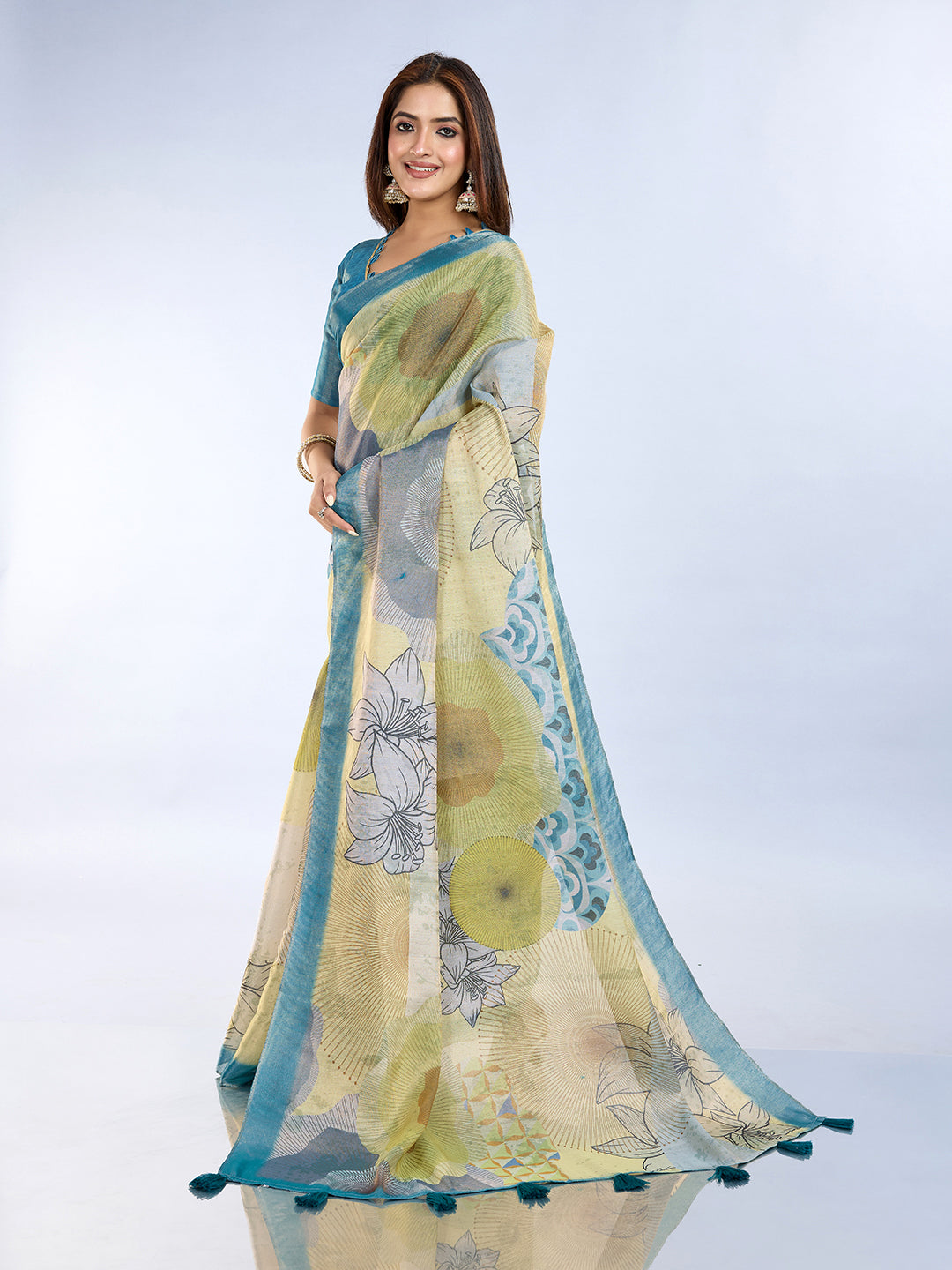 Teal Floral Abstract Erode Cotton Saree with Tassel Pallu for Women