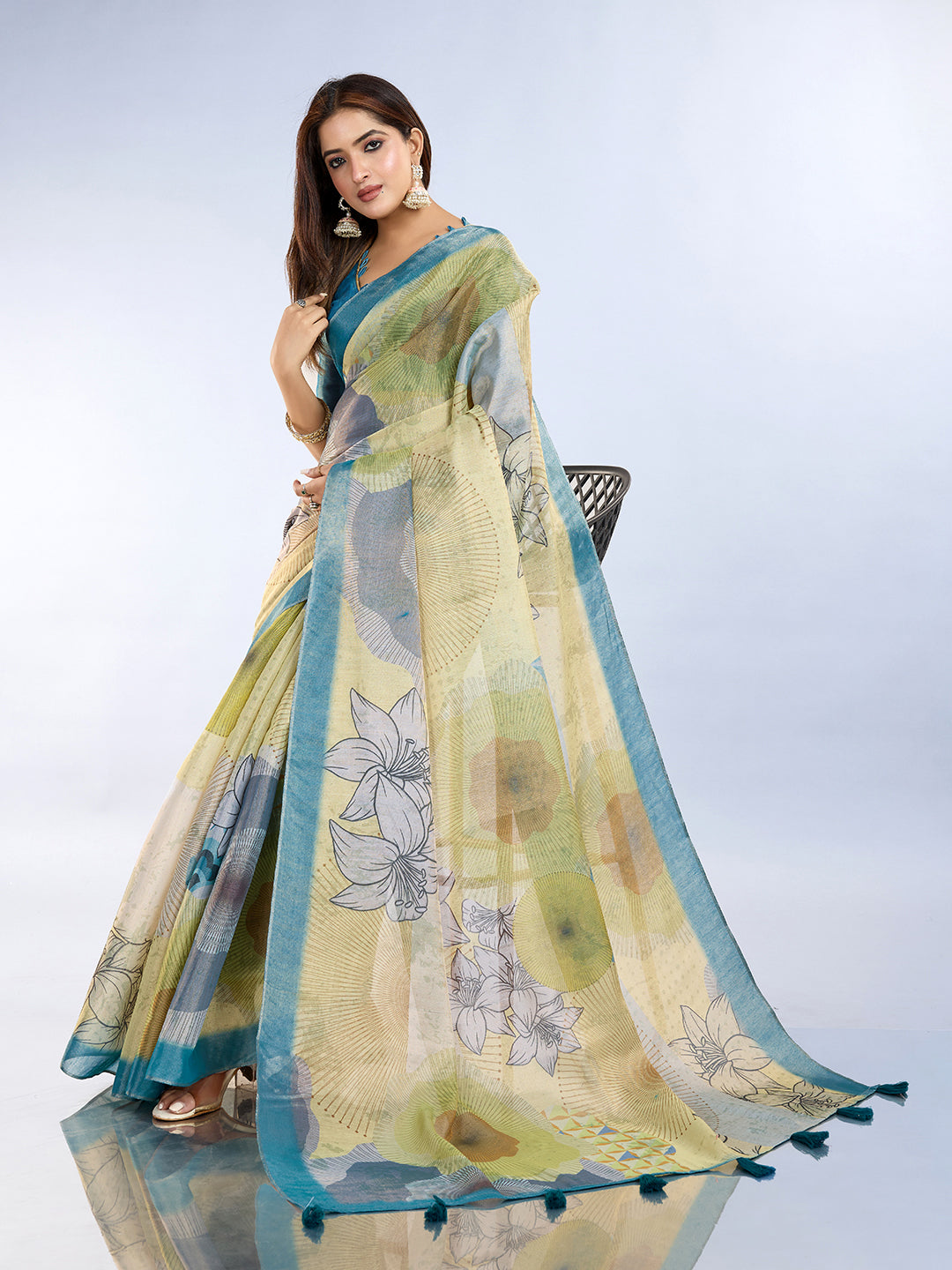 Teal Floral Abstract Erode Cotton Saree with Tassel Pallu for Women