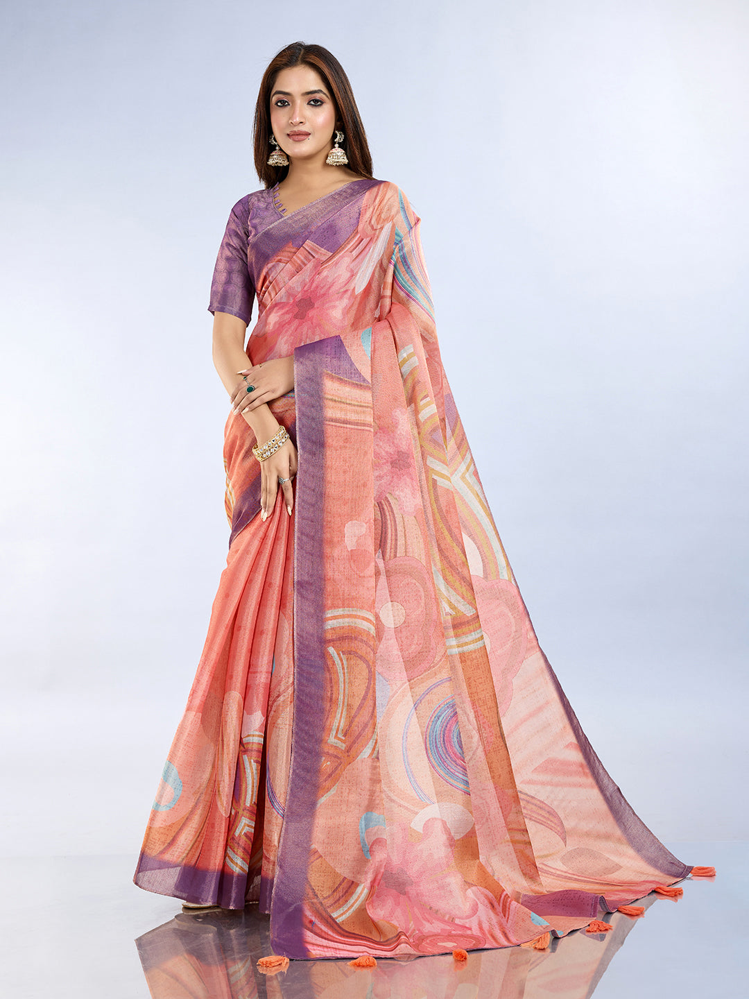 Peach Abstract Print Erode Cotton Saree with Blouse Set for Women