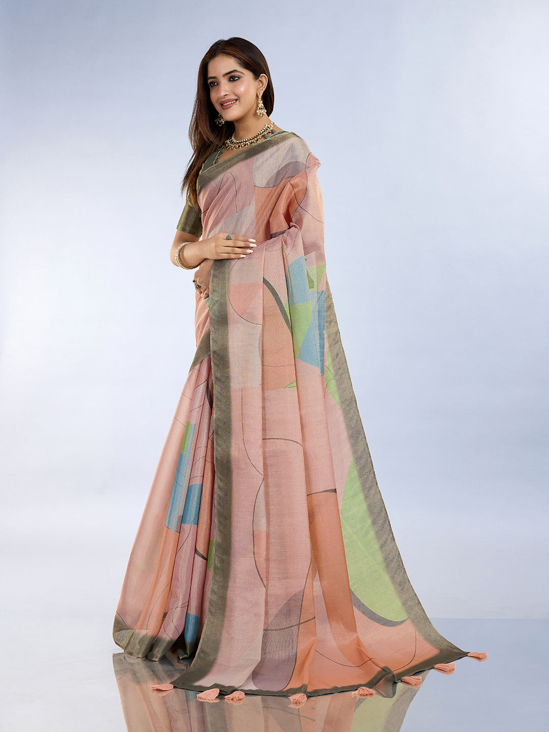 Peach Abstract Erode Cotton Saree with Contrast Border for Women