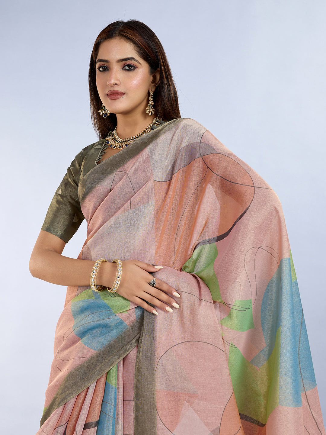 Peach Abstract Erode Cotton Saree with Contrast Border for Women