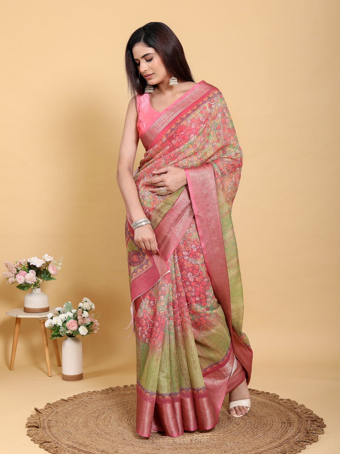 Pink Floral Kalamkari Linen Cotton Saree with Jacquard Border