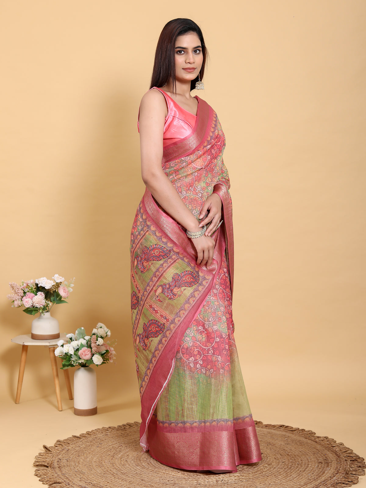 Pink Floral Kalamkari Linen Cotton Saree with Jacquard Border