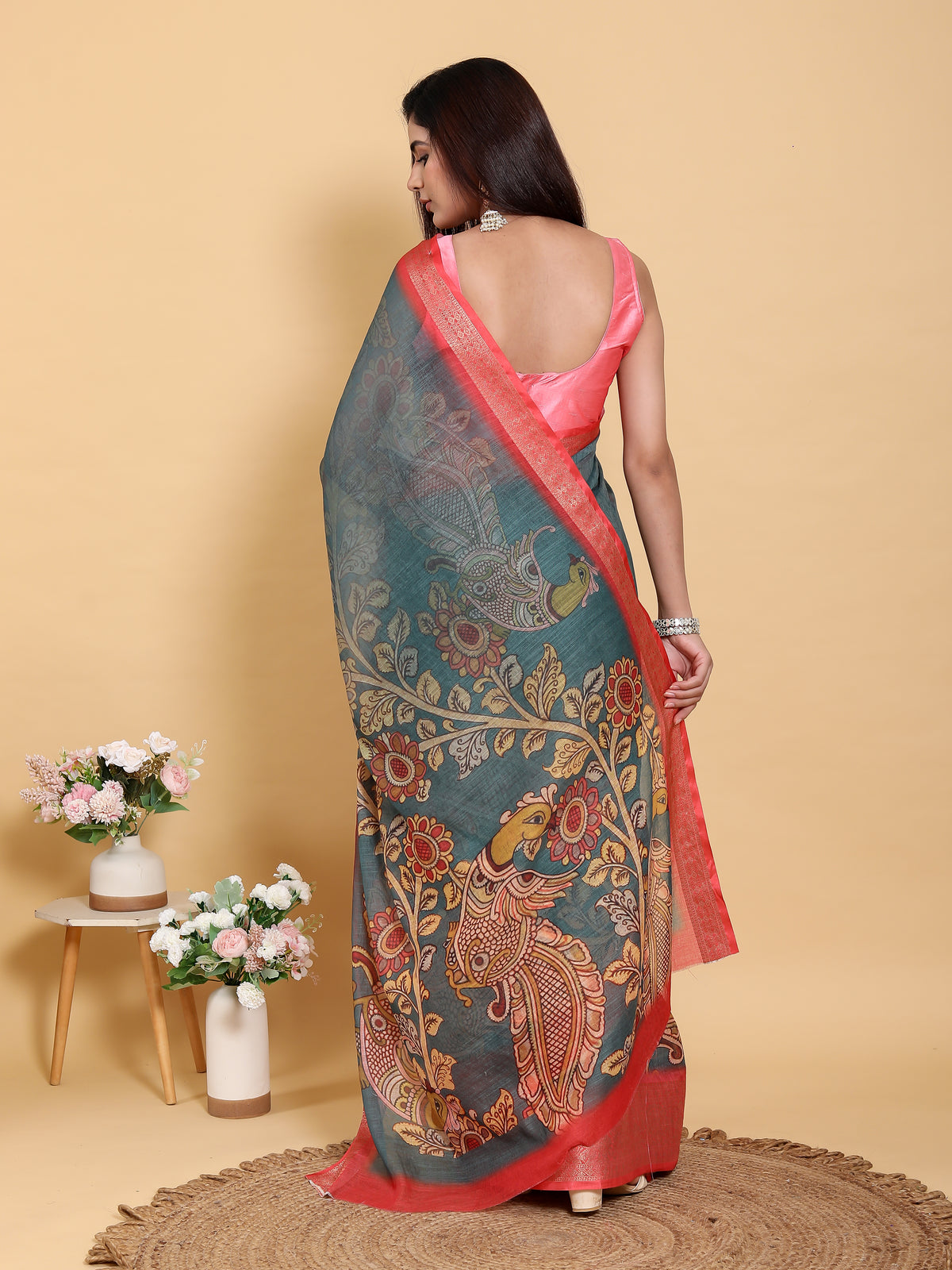 Teal Blue Kalamkari Linen Cotton Saree with Coral Border for Women