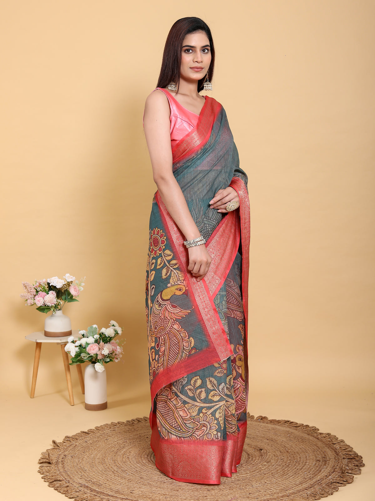Teal Blue Kalamkari Linen Cotton Saree with Coral Border for Women