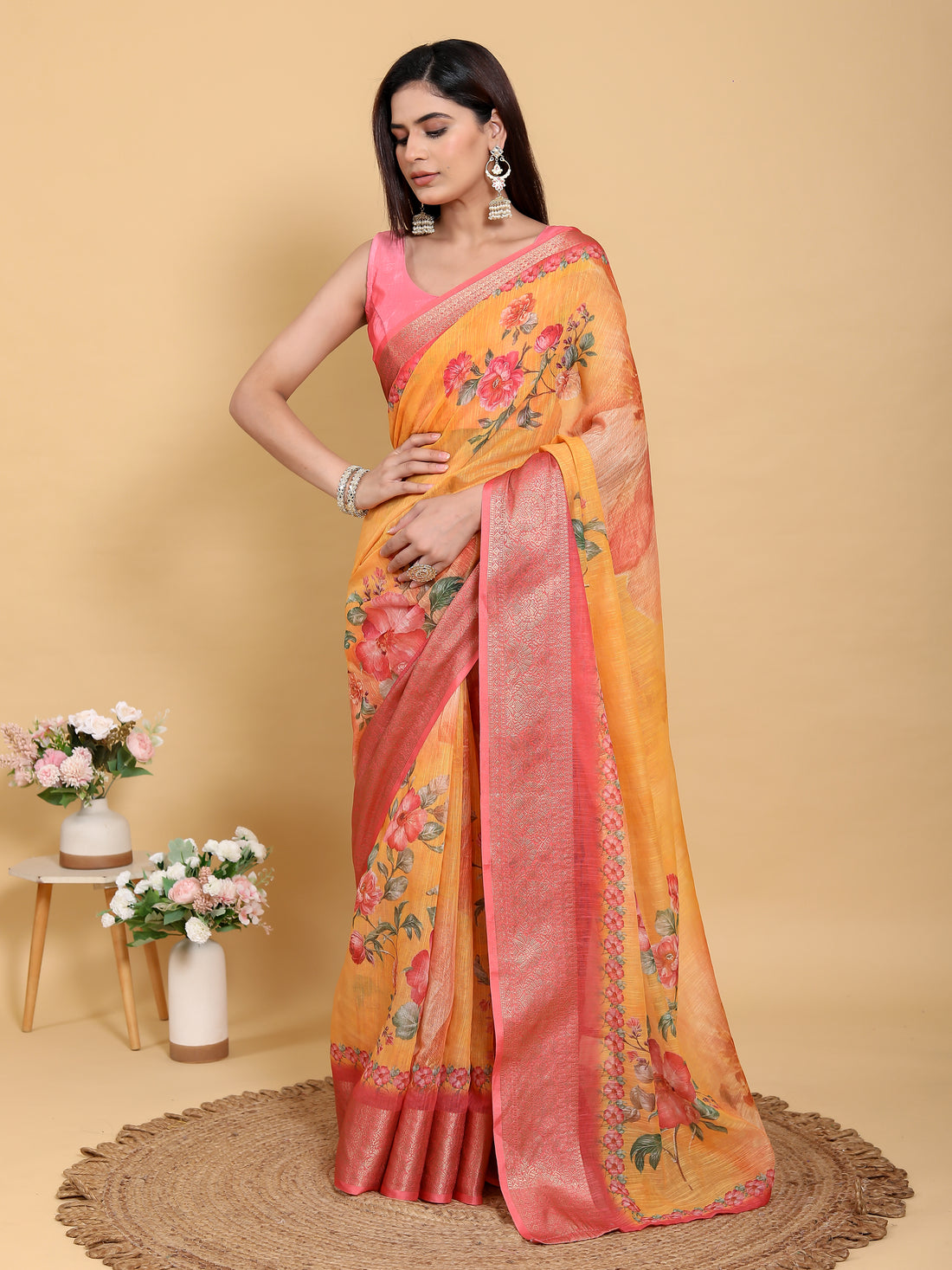 Mustard Floral Linen Cotton Saree with Jacquard Pink Border for Women