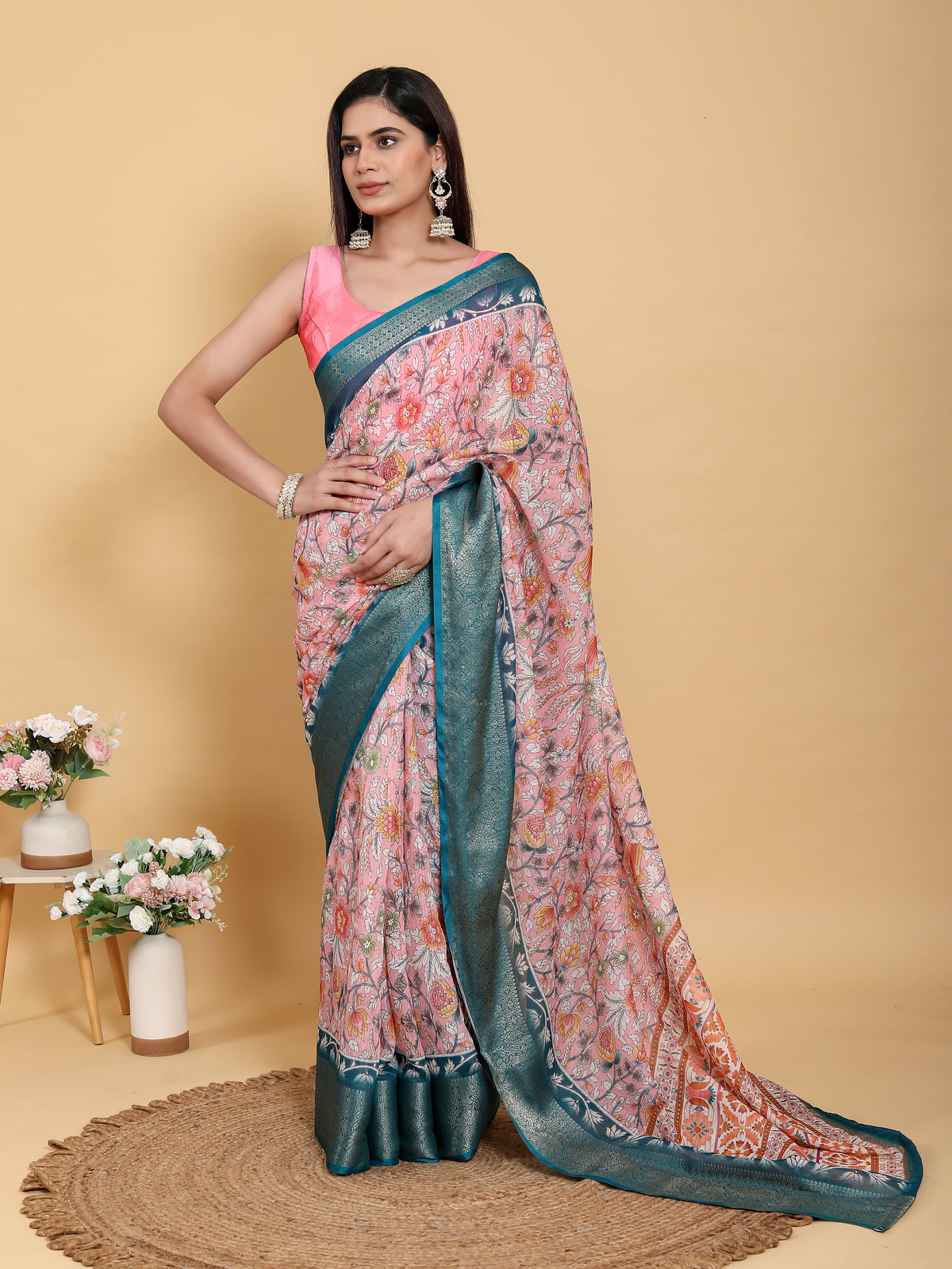 Rose Pink Floral Saree with Rich Teal Jacquard Woven Border for Women