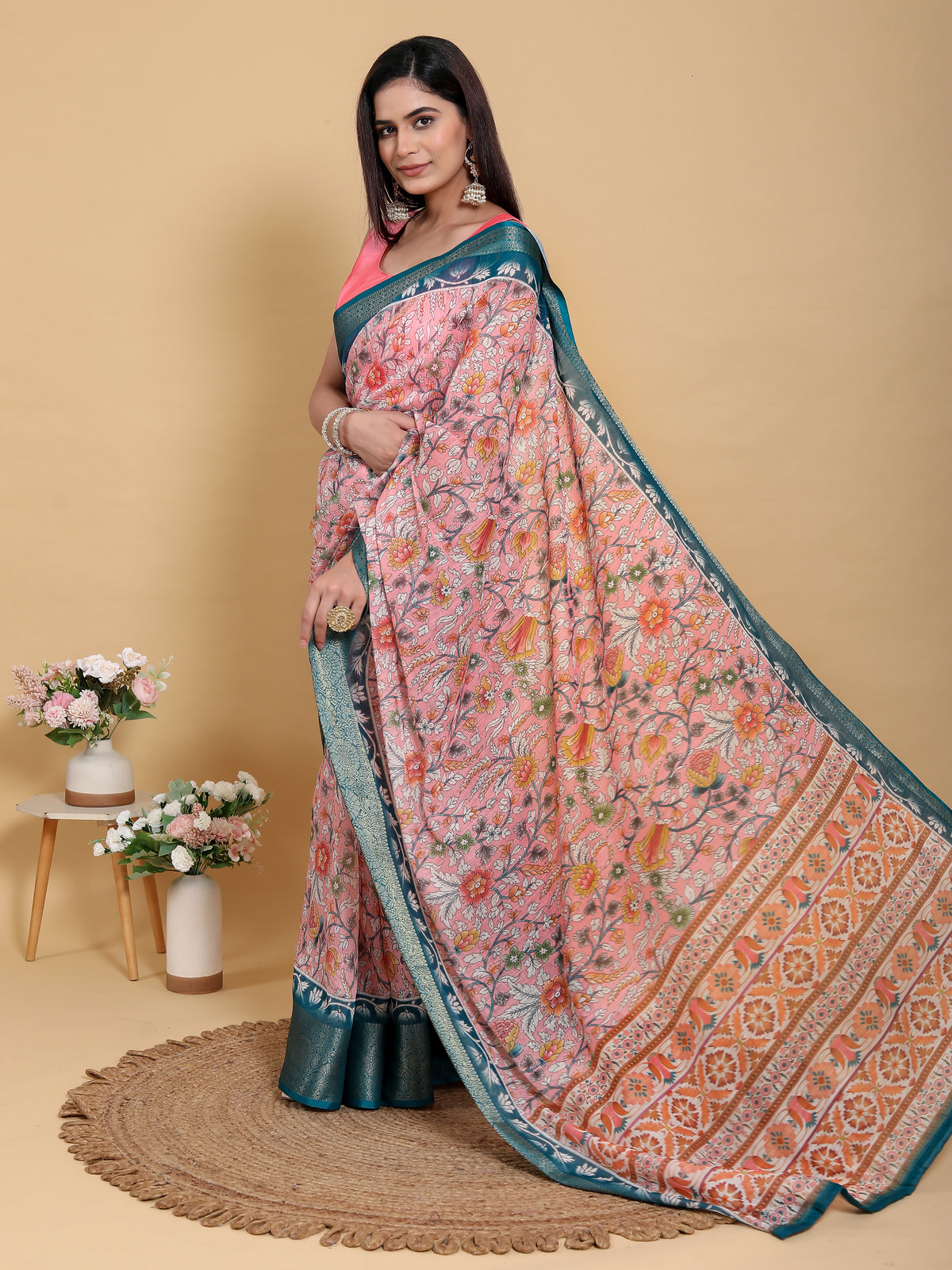 Rose Pink Floral Saree with Rich Teal Jacquard Woven Border for Women