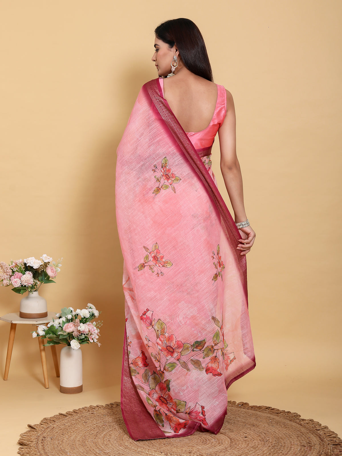 Pink Floral Linen Cotton Saree with Jacquard Border for Women