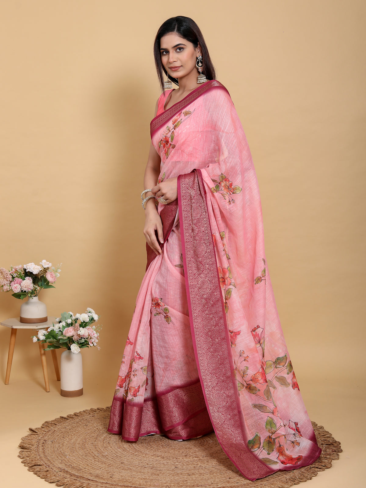 Pink Floral Linen Cotton Saree with Jacquard Border for Women