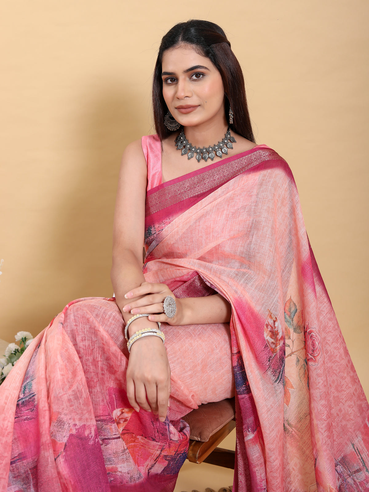 Peach Printed Linen Cotton Saree with Jacquard Border for Women