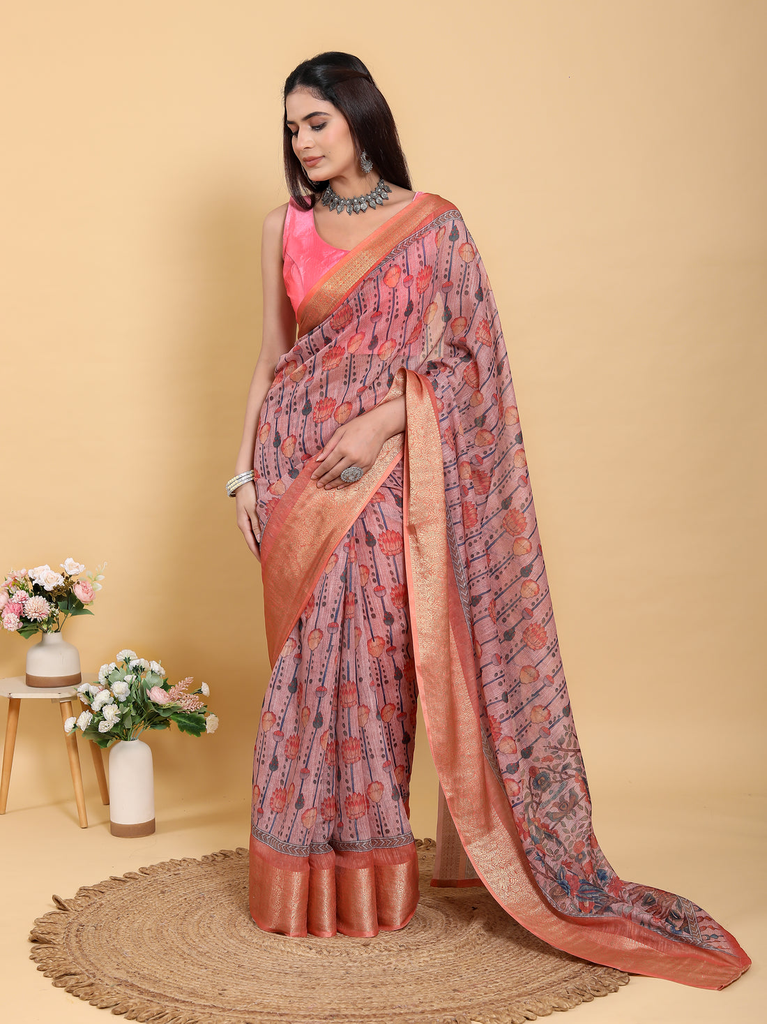 Dusty Rose Floral Linen Cotton Saree with Woven Border for Women