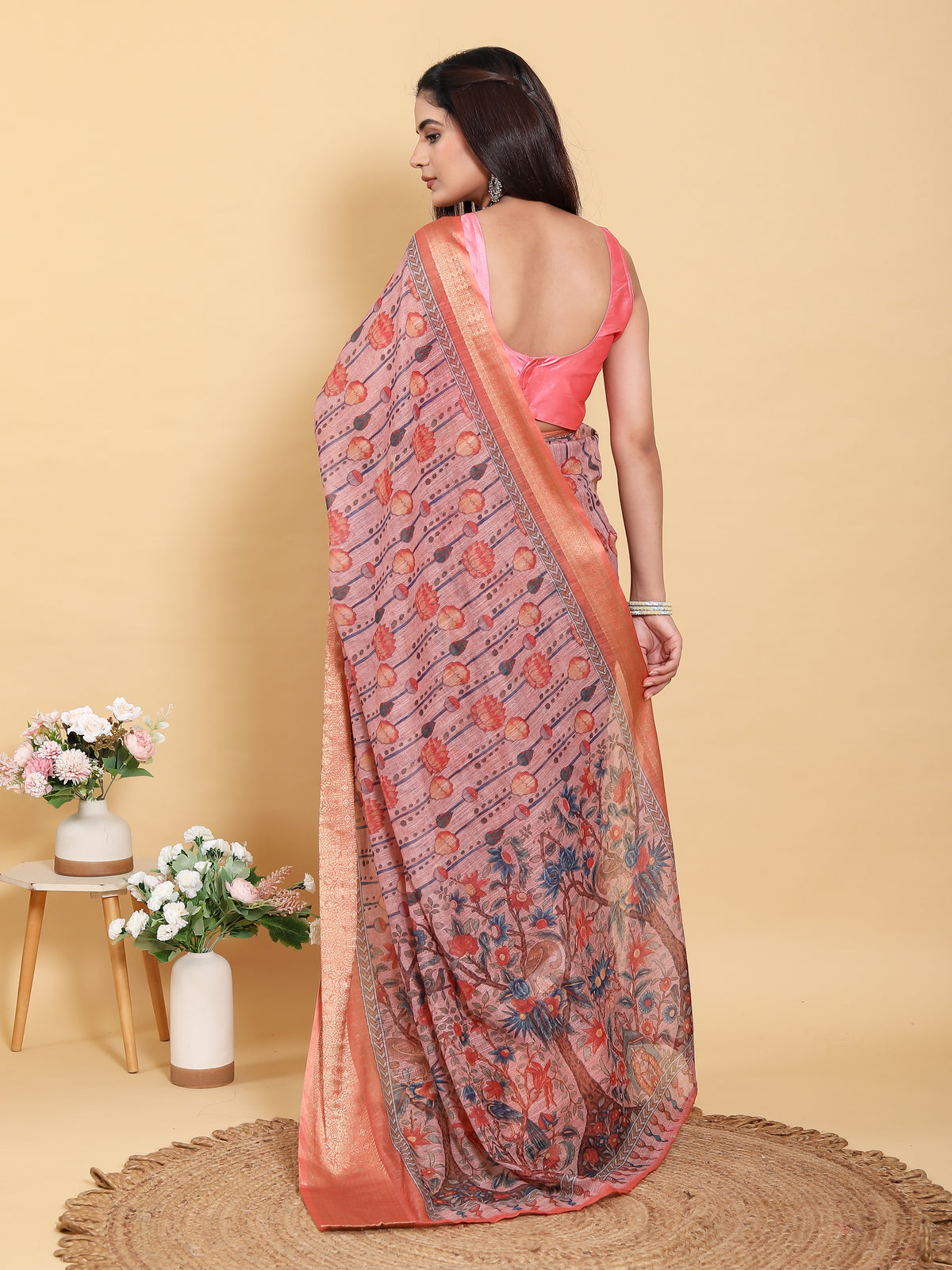 Dusty Rose Floral Linen Cotton Saree with Woven Border for Women