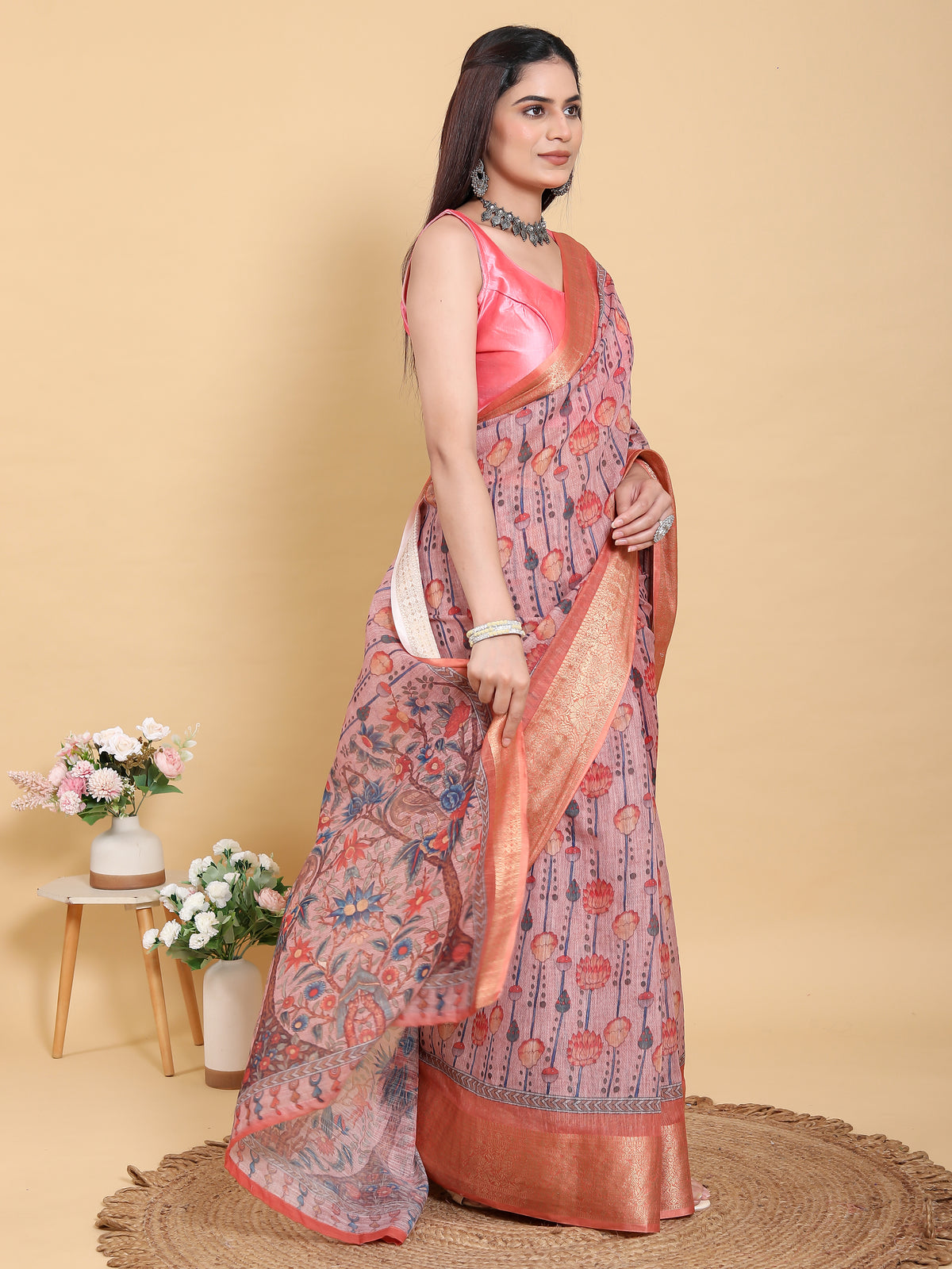 Dusty Rose Floral Linen Cotton Saree with Woven Border for Women