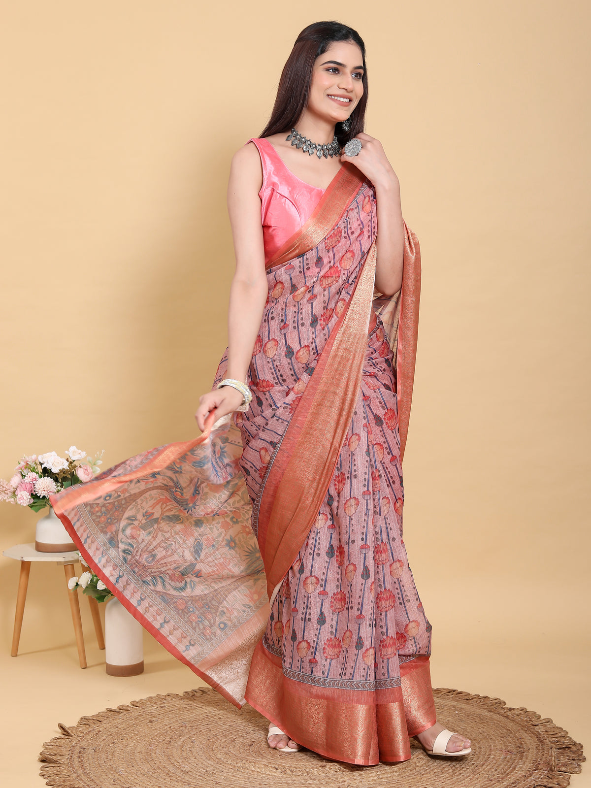 Dusty Rose Floral Linen Cotton Saree with Woven Border for Women