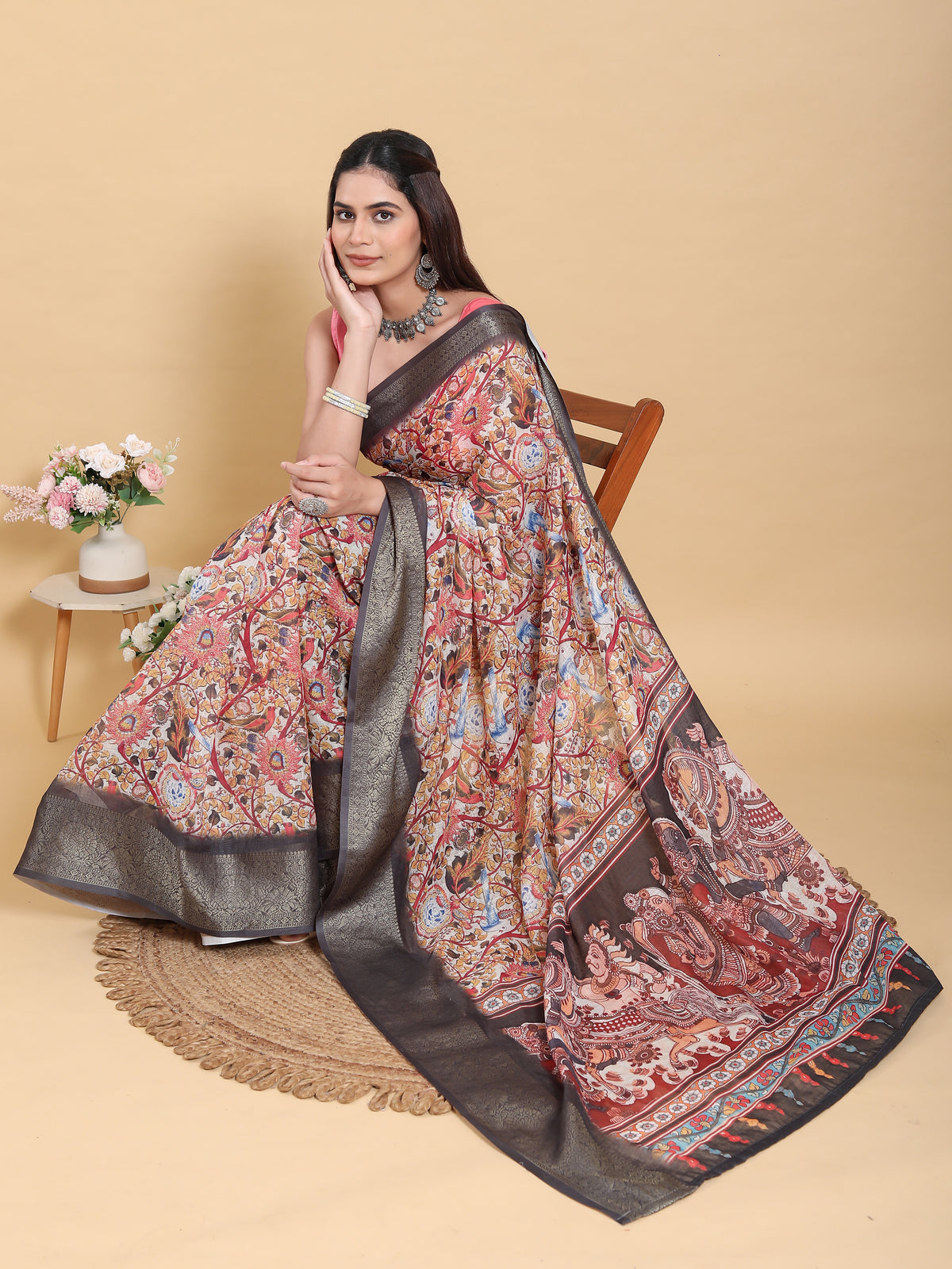 Cream Kalamkari Print Linen Cotton Saree Grey Border for Women