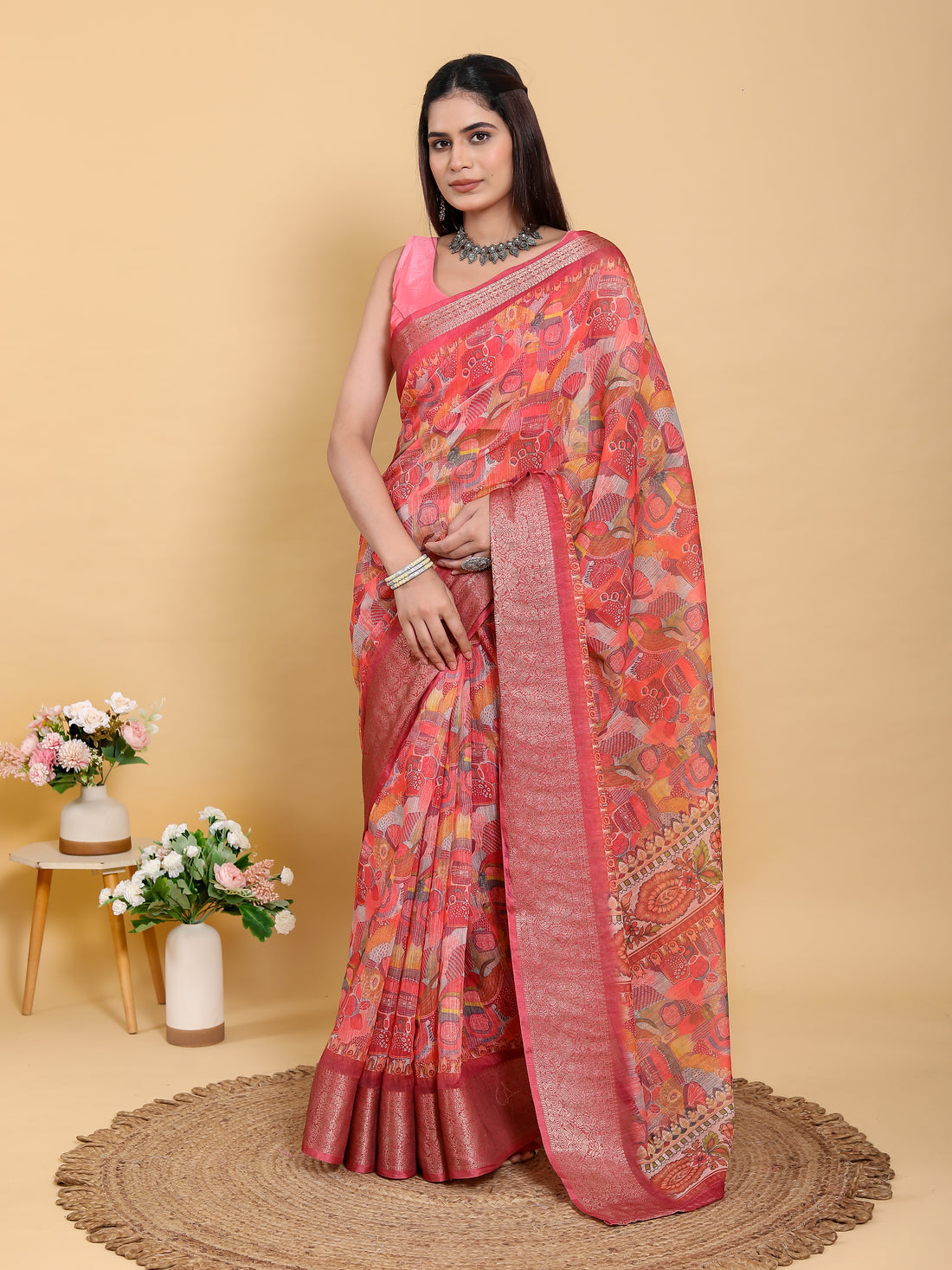 Coral Floral Print Linen Cotton Saree with Woven Border for Women