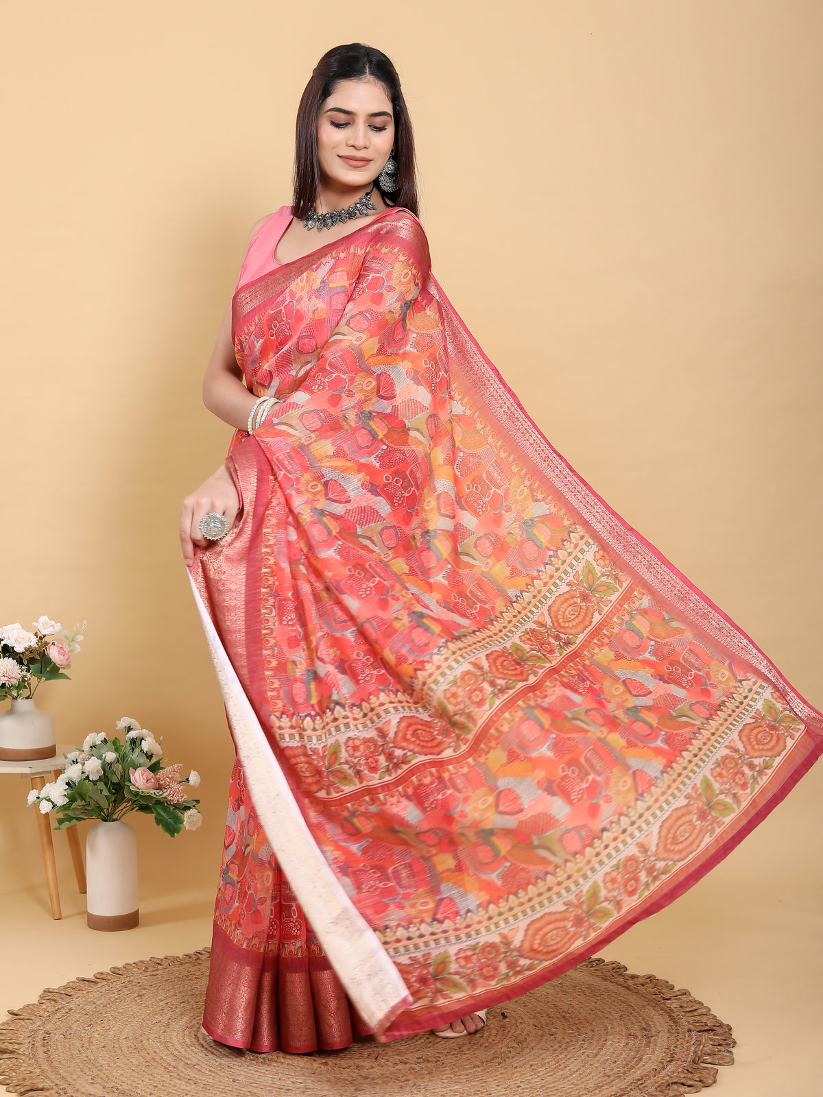 Coral Floral Print Linen Cotton Saree with Woven Border for Women