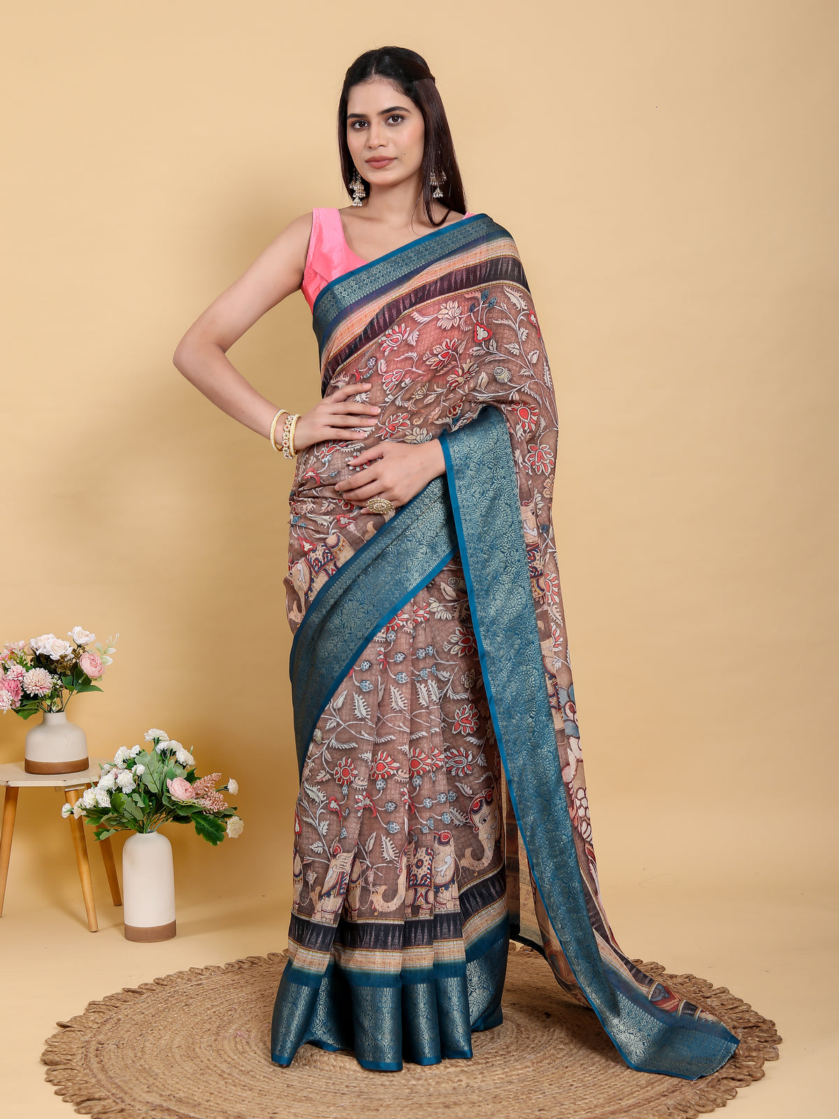 Brown Floral Print Linen Cotton Saree with Woven Border for Women