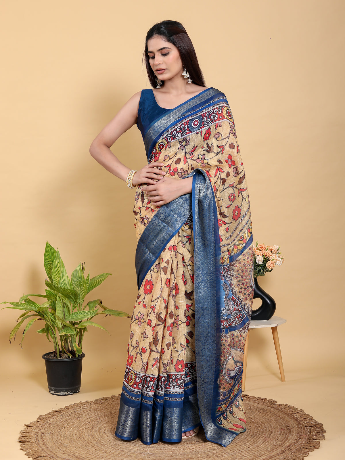 Beige Linen Cotton Saree with Folk Floral Prints by for Women