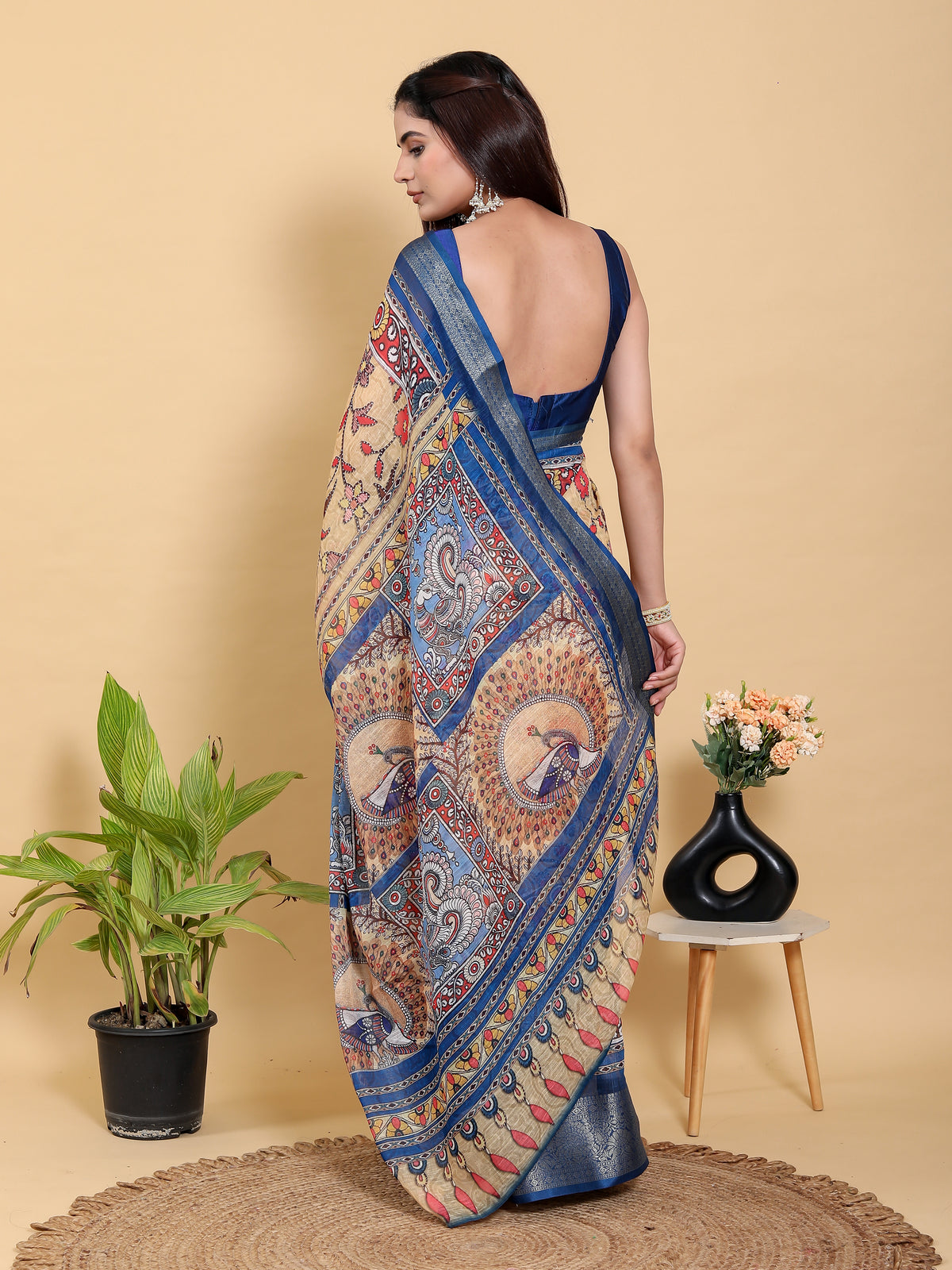 Beige Linen Cotton Saree with Folk Floral Prints by for Women