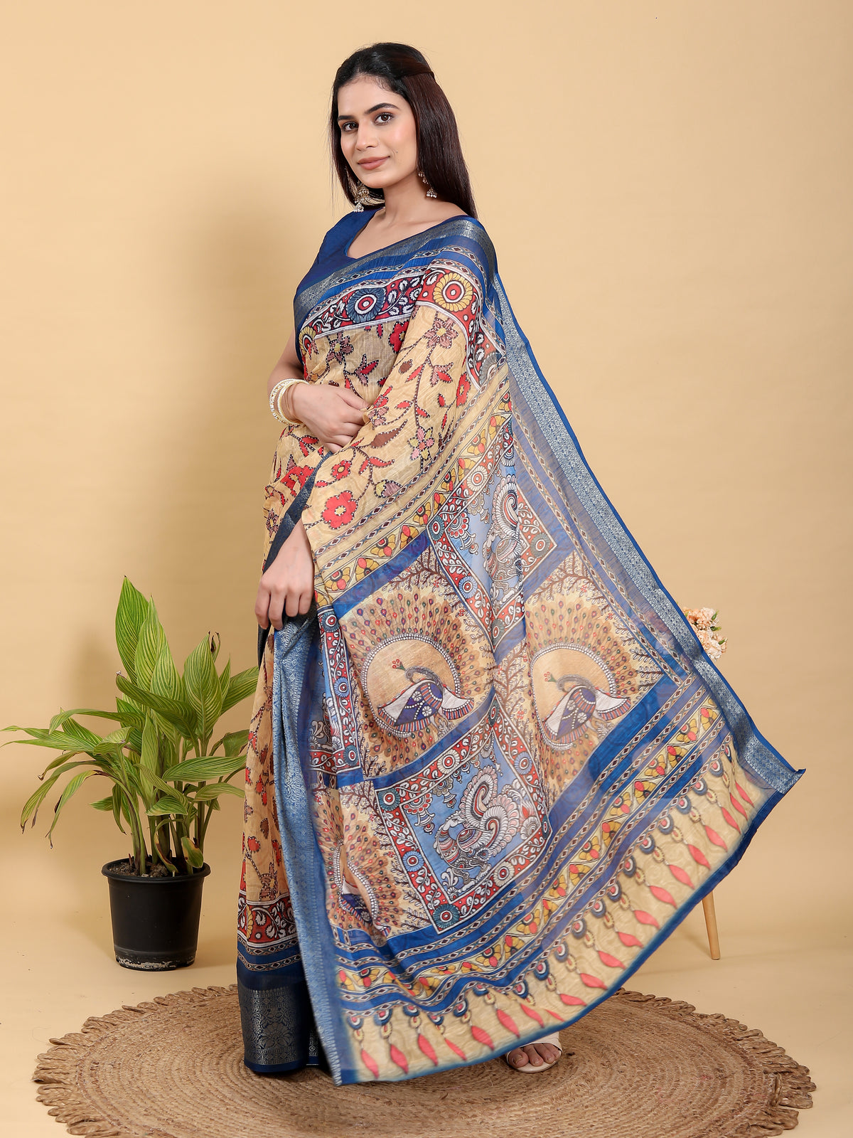 Beige Linen Cotton Saree with Folk Floral Prints by for Women