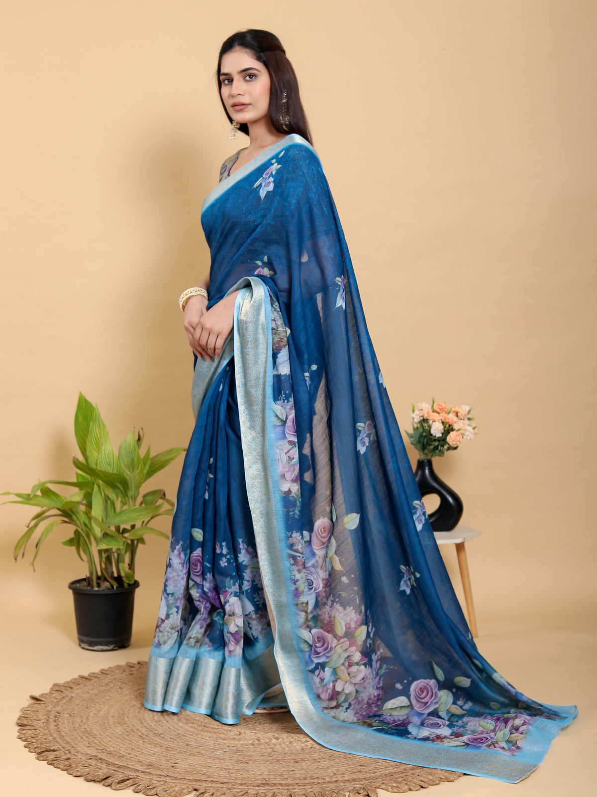Deep Blue Floral Print Linen Cotton Saree with Woven Border for Women