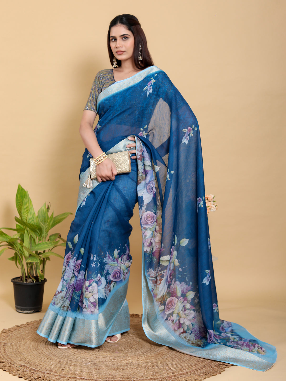 Deep Blue Floral Print Linen Cotton Saree with Woven Border for Women