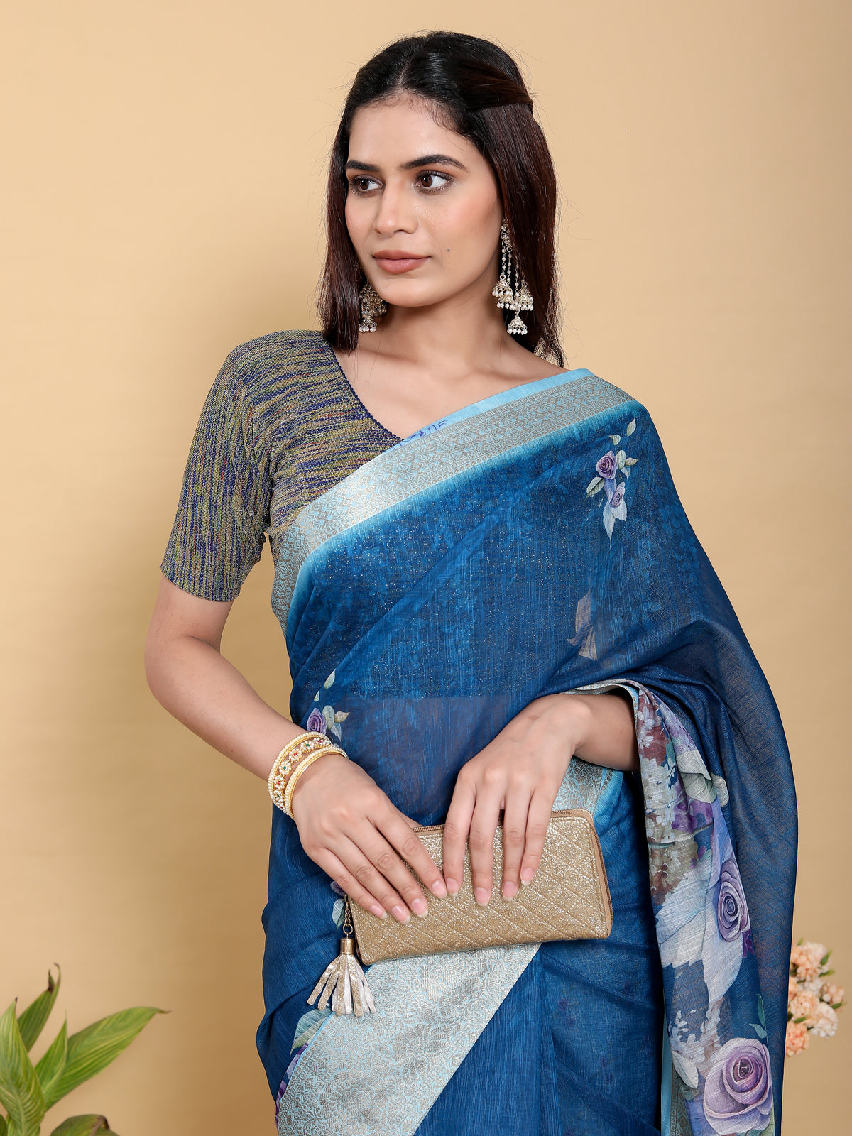 Deep Blue Floral Print Linen Cotton Saree with Woven Border for Women