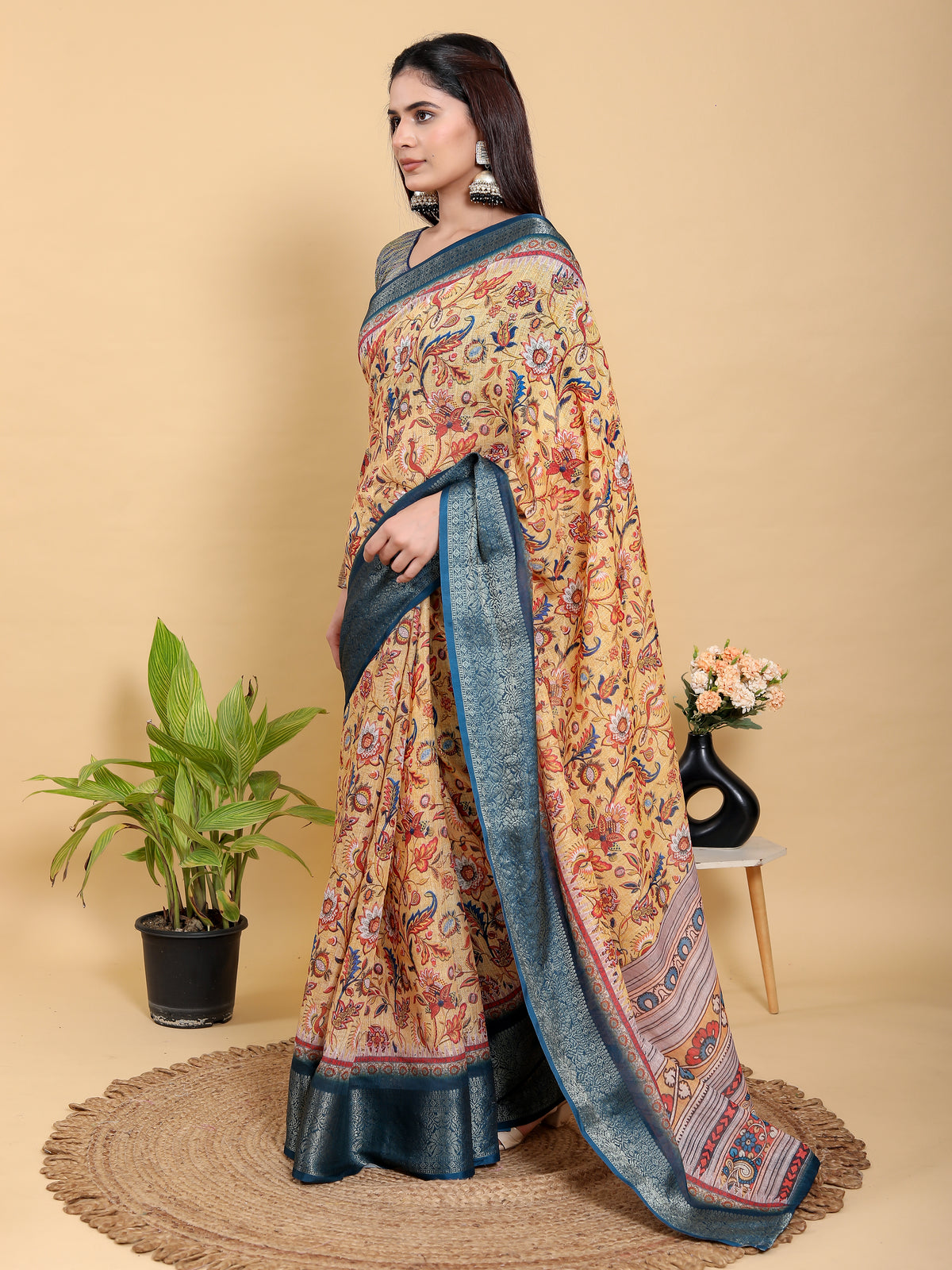 Beige Floral Printed Linen Cotton Saree with Blue Border for Women