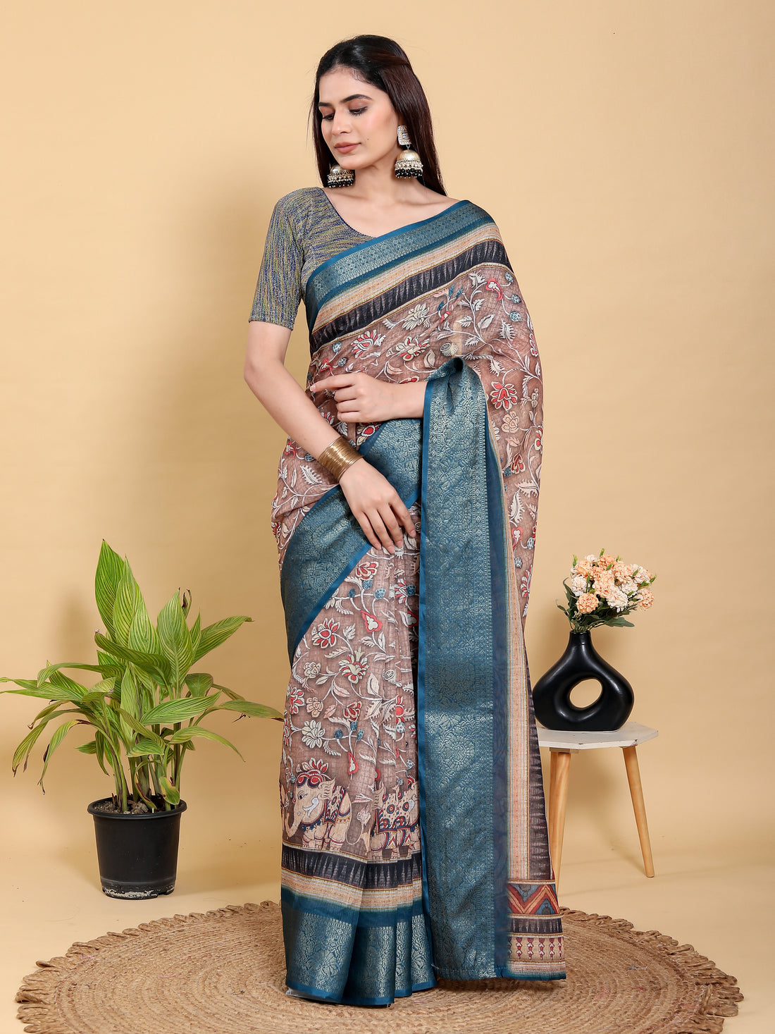 Mocha Floral Linen Cotton Saree with Teal Border Design for Women