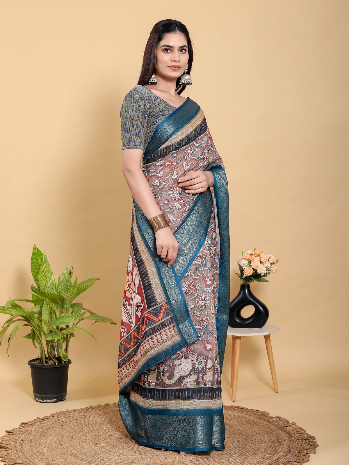 Mocha Floral Linen Cotton Saree with Teal Border Design for Women