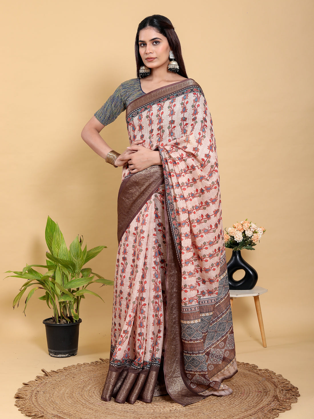 Peach Floral Linen Cotton Saree with Brown Woven Border for Women