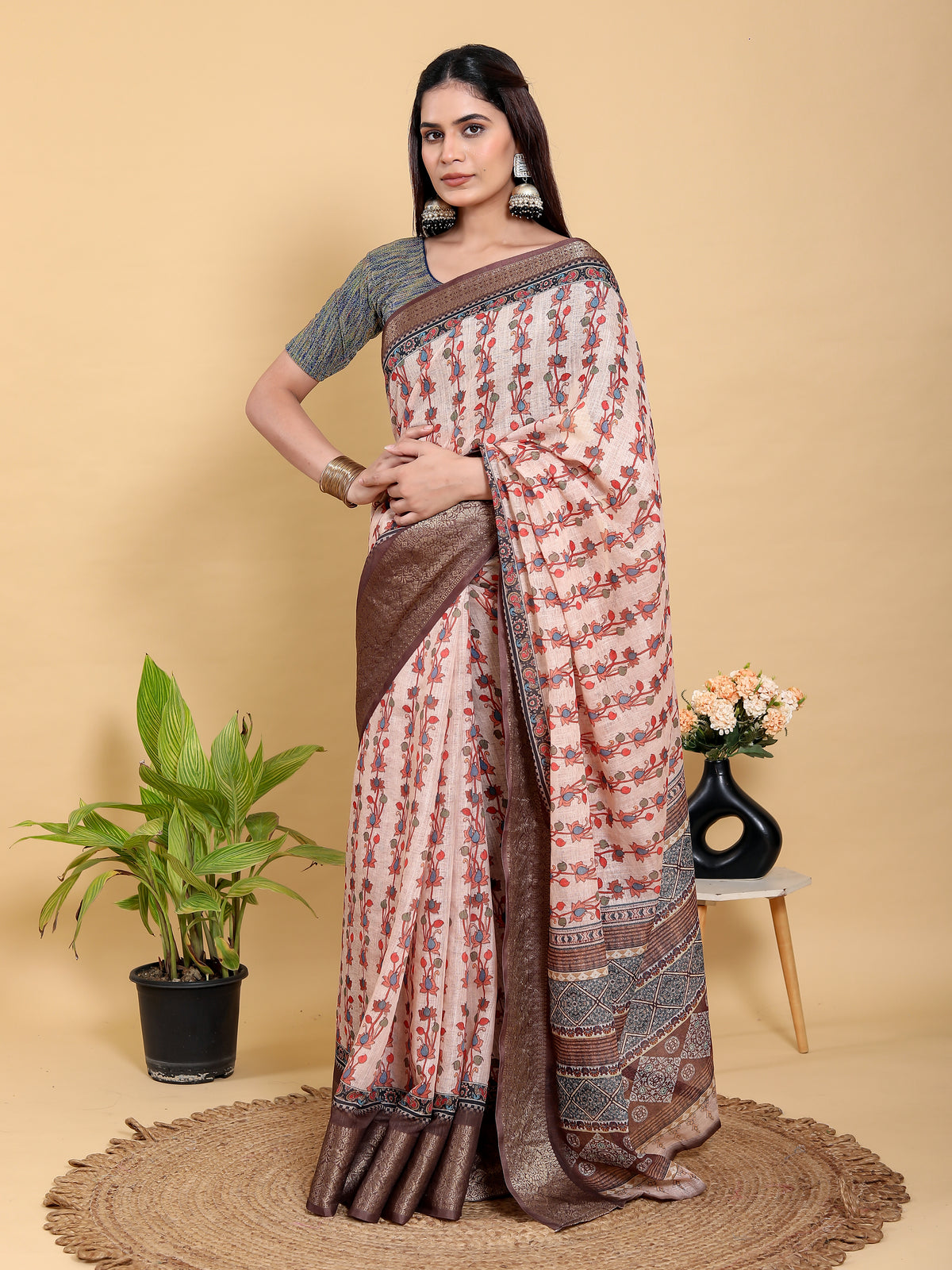 Peach Floral Linen Cotton Saree with Brown Woven Border for Women