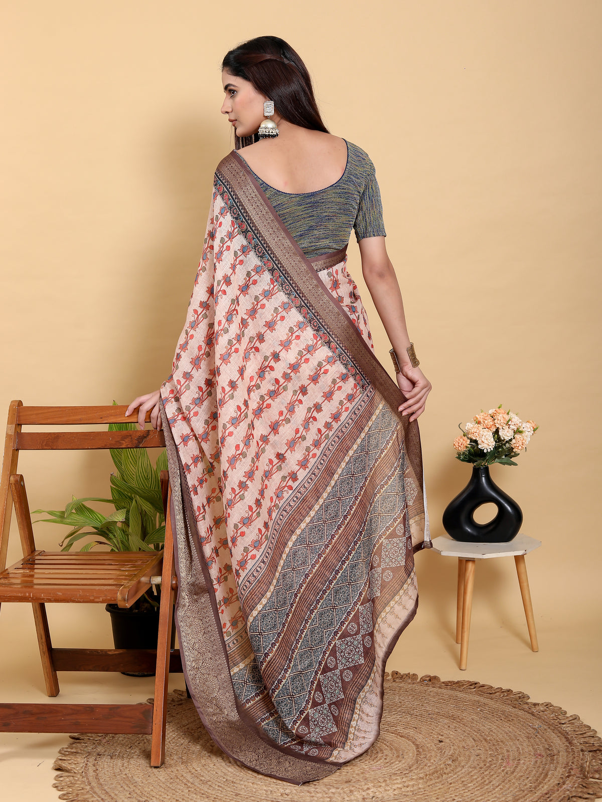 Peach Floral Linen Cotton Saree with Brown Woven Border for Women