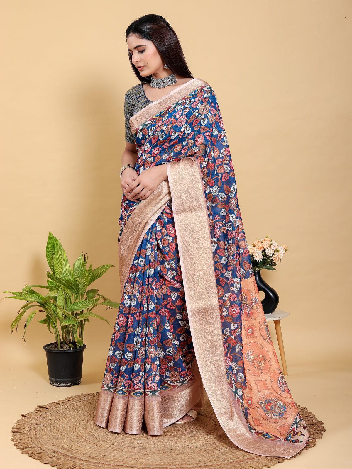 Blue Floral Printed Linen Cotton Saree with Jacquard Border for Women