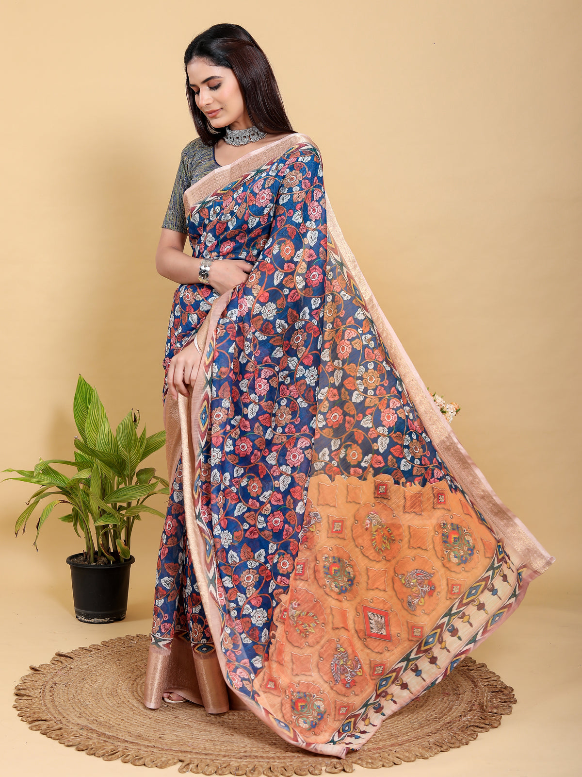 Blue Floral Printed Linen Cotton Saree with Jacquard Border for Women
